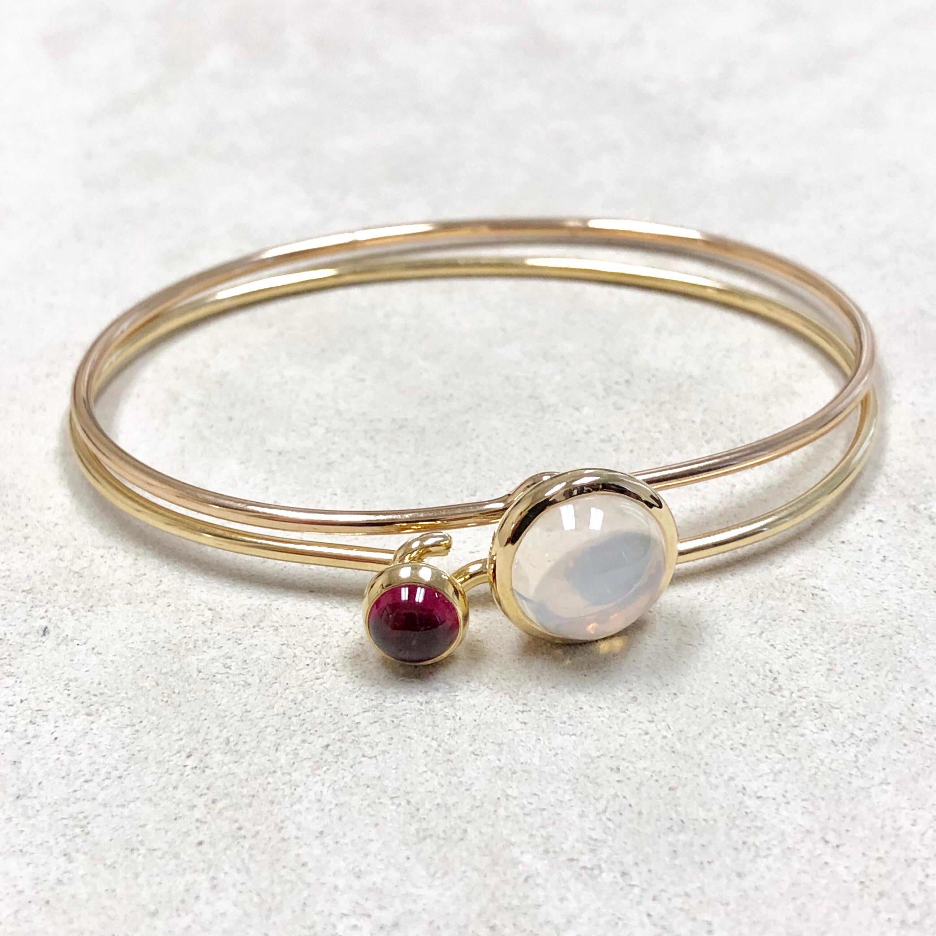 Contemporary Syna Moon Quartz and Rubellite Yellow Gold Pair of Stacking Bracelets For Sale