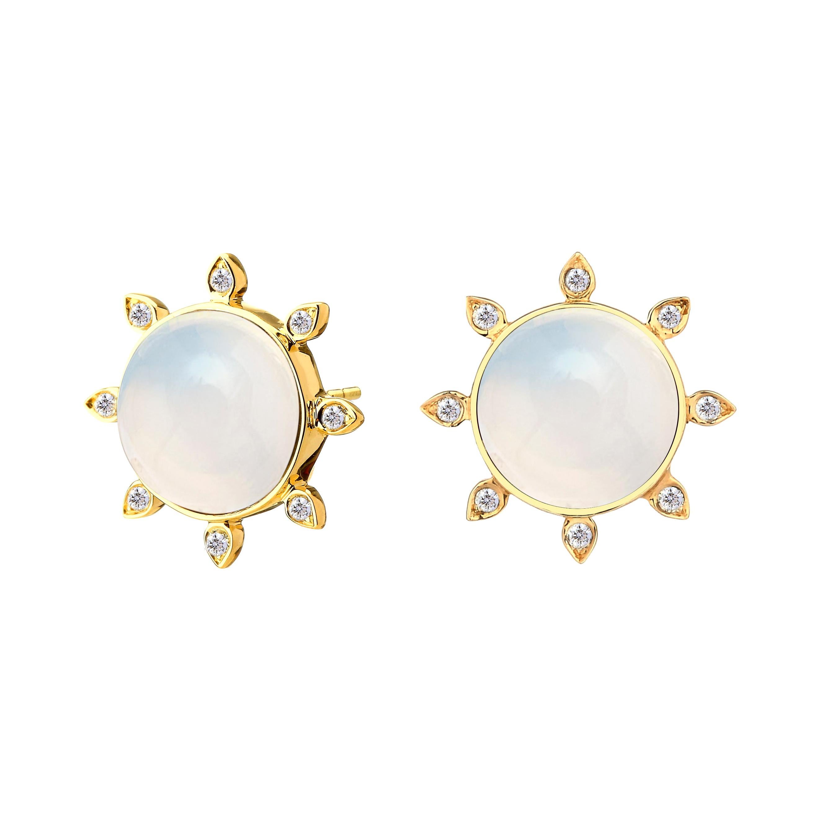 Syna Moon Quartz Yellow Gold Earrings with Diamonds For Sale