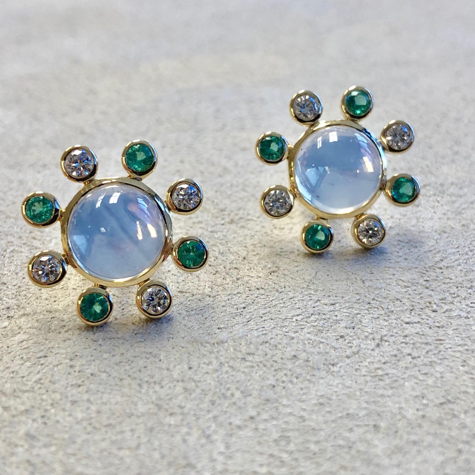 Created in 18 karat yellow gold
Moon quartz 4 cts approx
Emeralds 0.35 ct approx
Diamonds 0.40 cts approx
Limited edition

Adorn yourself with a timeless treasure with our exclusive Candy Blue Topaz & Diamond Earrings. Handcrafted from shimmering 18