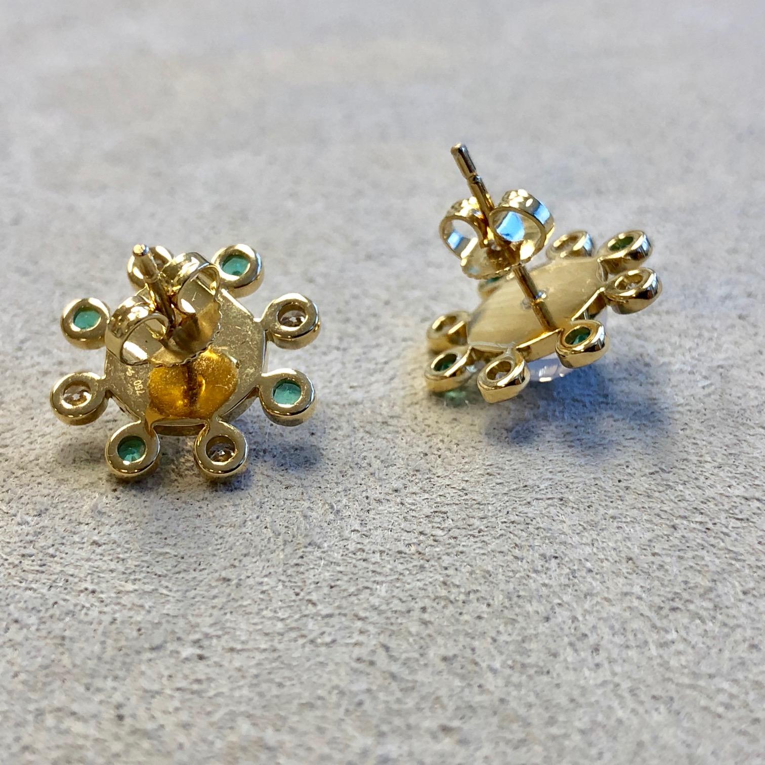 Contemporary Syna Moon Quartz Yellow Gold Earrings with Emeralds and Diamonds For Sale