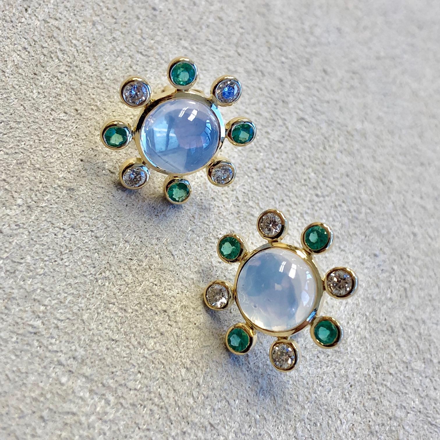 Round Cut Syna Moon Quartz Yellow Gold Earrings with Emeralds and Diamonds For Sale
