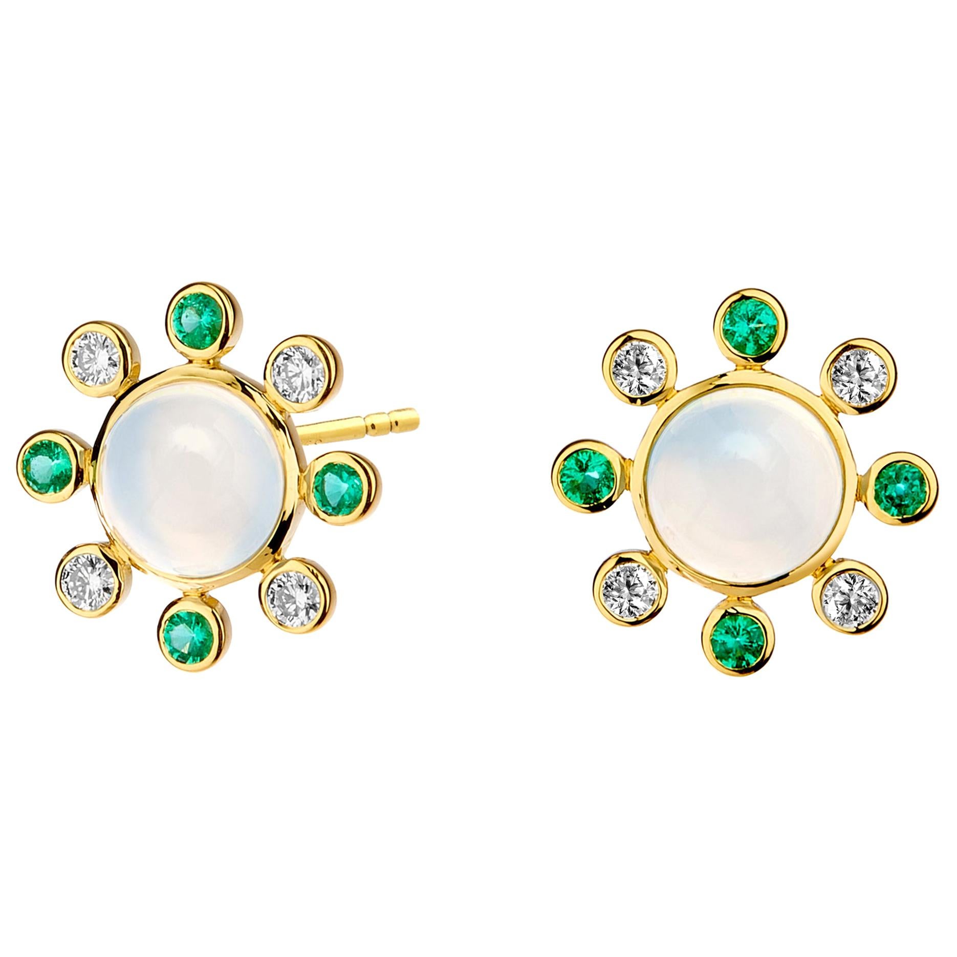 Syna Moon Quartz Yellow Gold Earrings with Emeralds and Diamonds