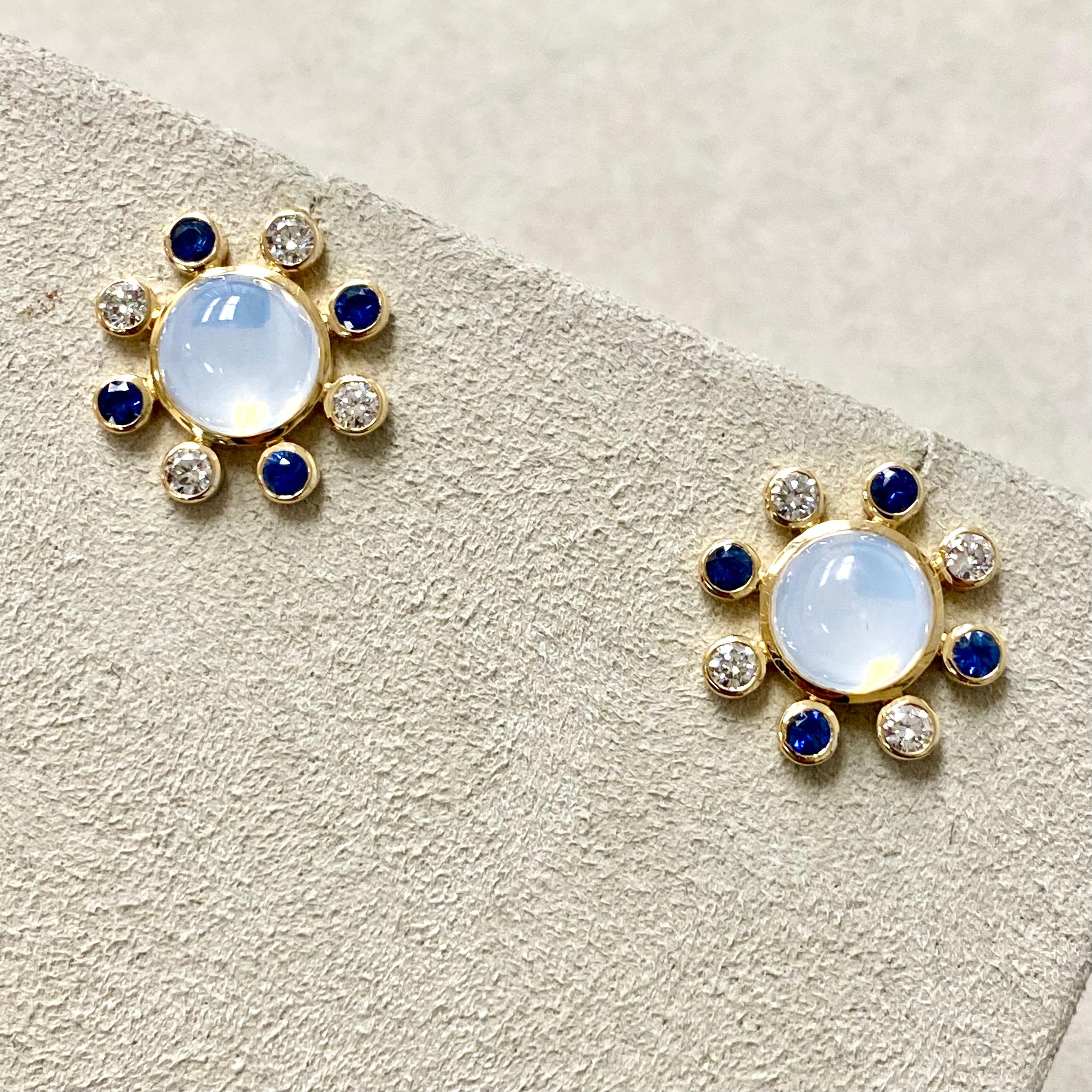 Contemporary Syna Moon Quartz Yellow Gold Earrings with Sapphires and Diamonds For Sale