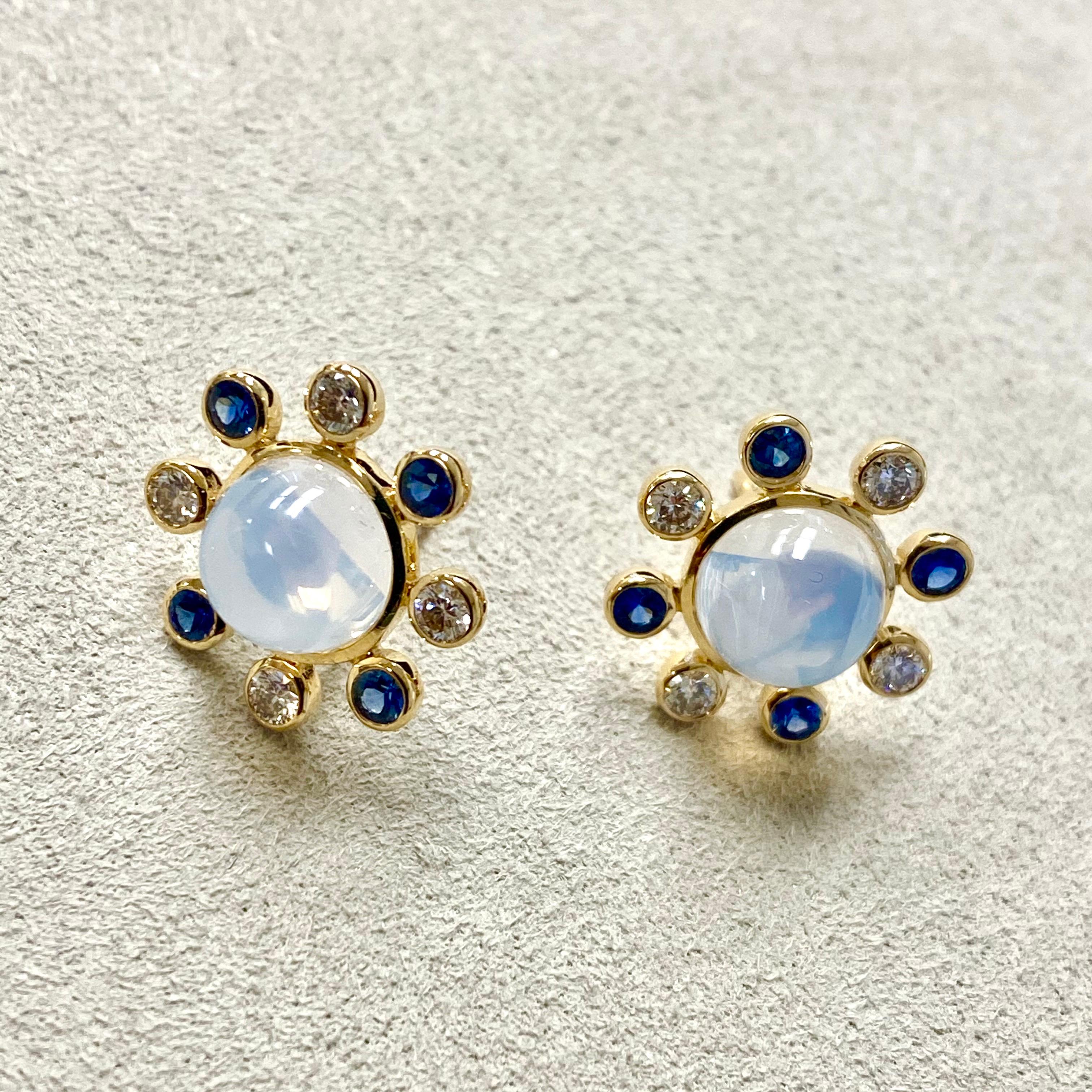 Round Cut Syna Moon Quartz Yellow Gold Earrings with Sapphires and Diamonds For Sale