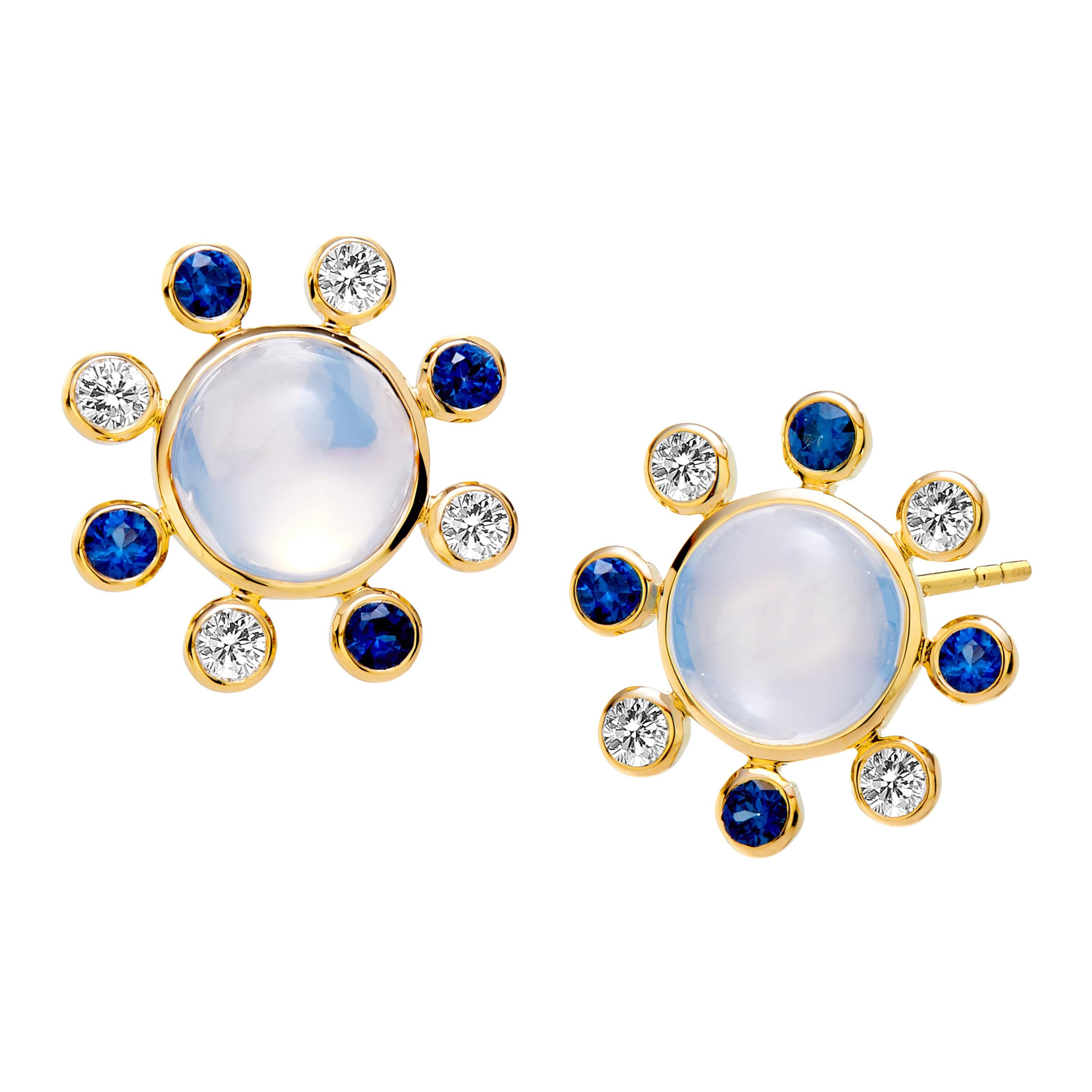 Syna Moon Quartz Yellow Gold Earrings with Sapphires and Diamonds For Sale