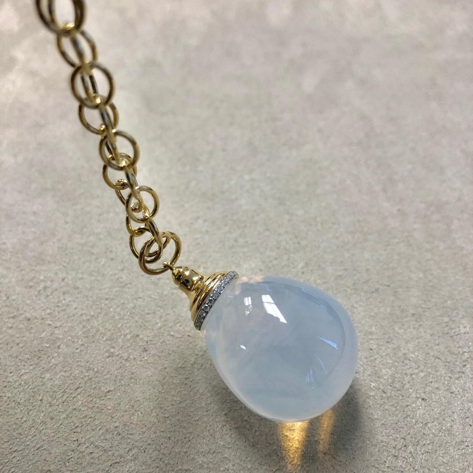 Pear Cut Syna Moon Quartz Yellow Gold Mogul Drop Pendant with Diamonds For Sale