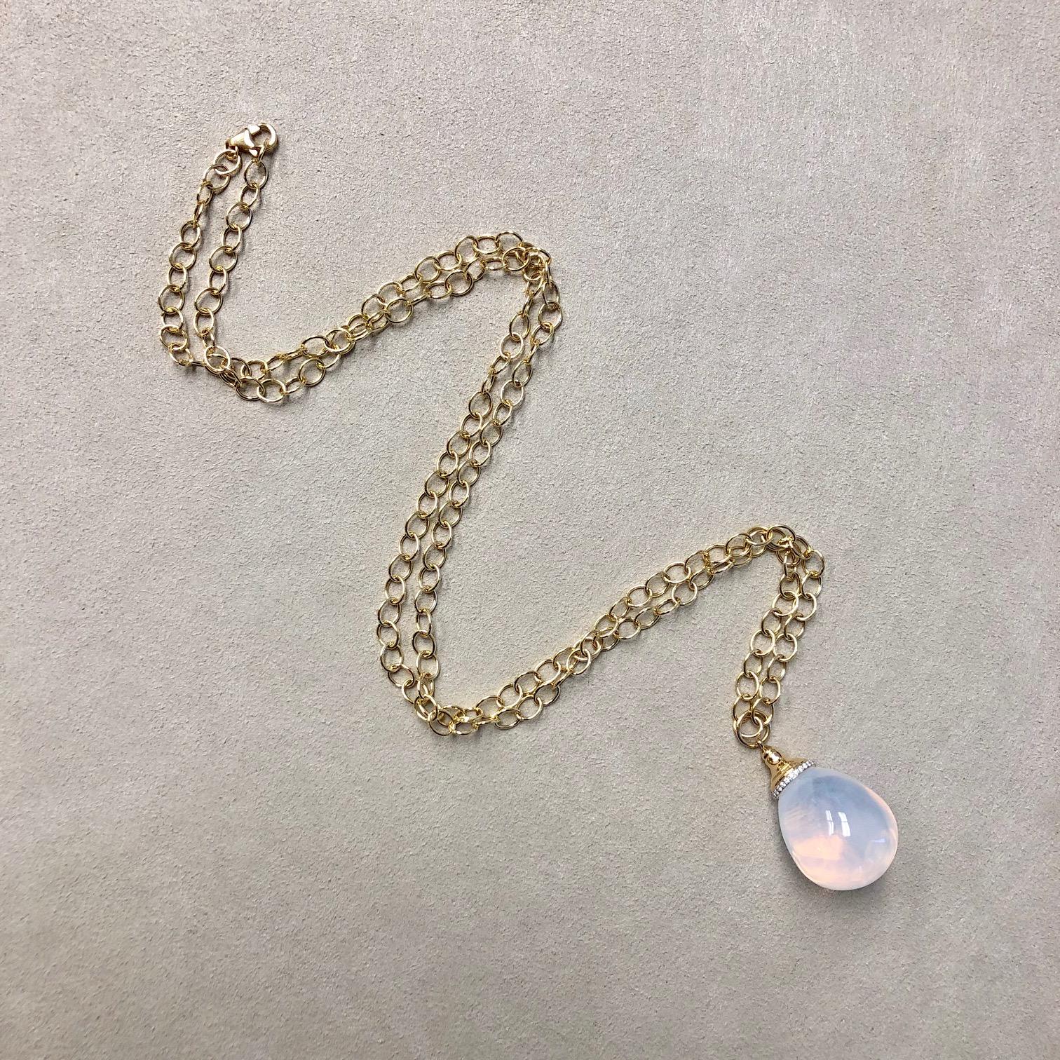 Syna Moon Quartz Yellow Gold Mogul Drop Pendant with Diamonds In New Condition For Sale In Fort Lee, NJ
