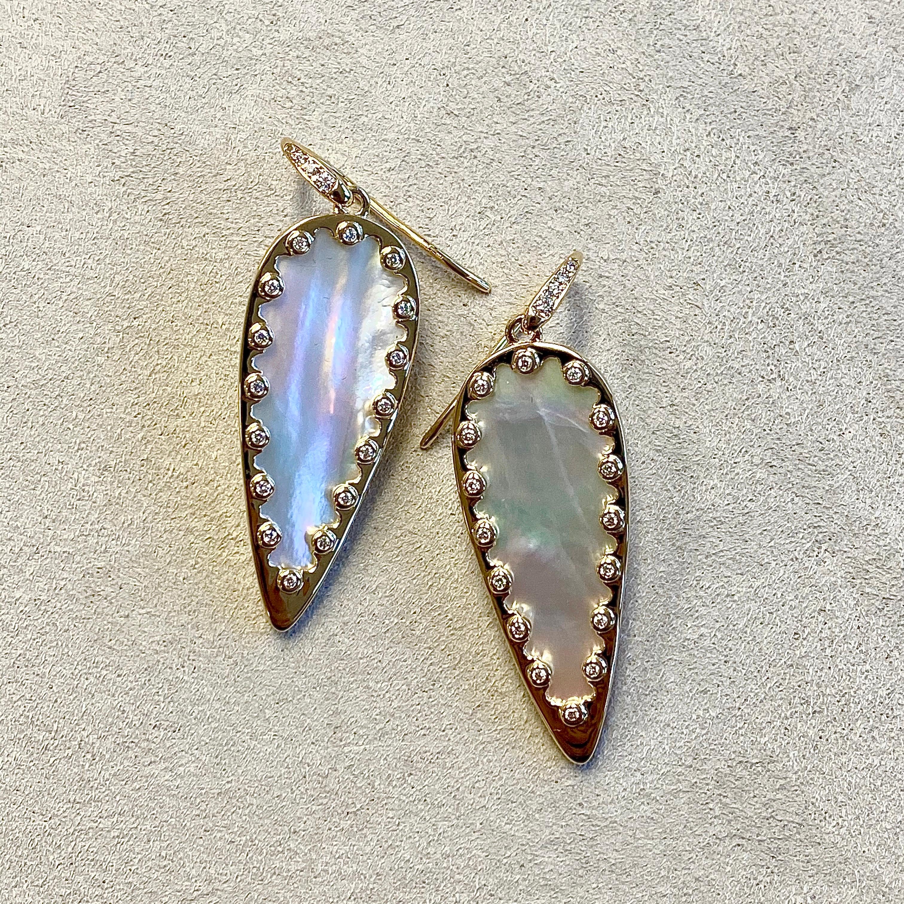 Contemporary Syna Mother of Pearl Yellow Gold Leaf Earrings with Diamonds For Sale