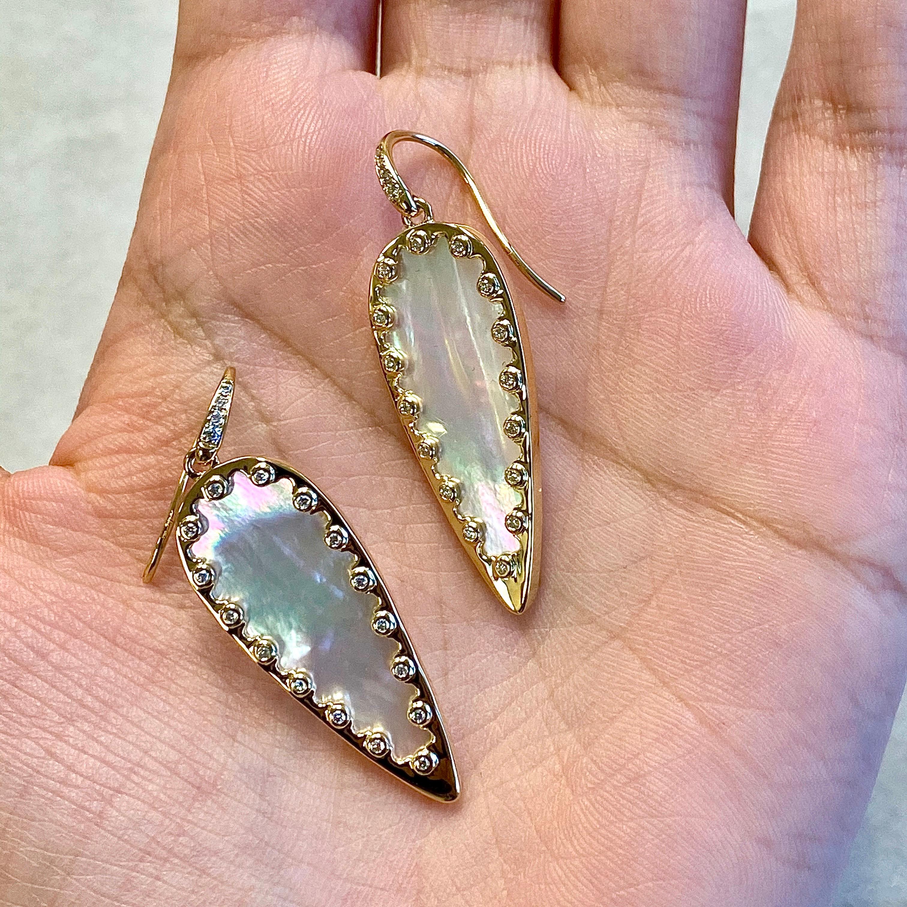Syna Mother of Pearl Yellow Gold Leaf Earrings with Diamonds In New Condition For Sale In Fort Lee, NJ