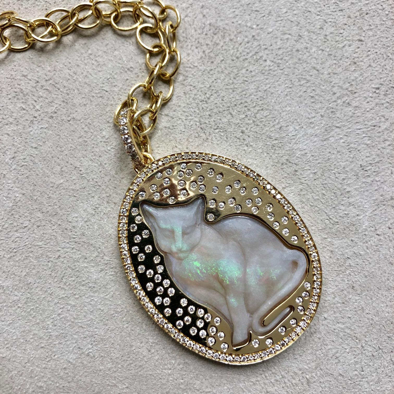 Syna Opal Cat Yellow Gold Pendant with Diamonds 2