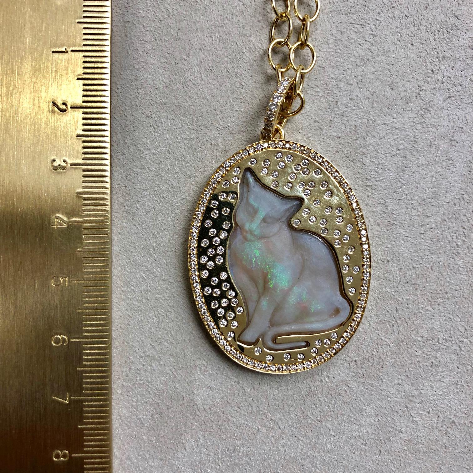 Contemporary Syna Opal Cat Yellow Gold Pendant with Diamonds