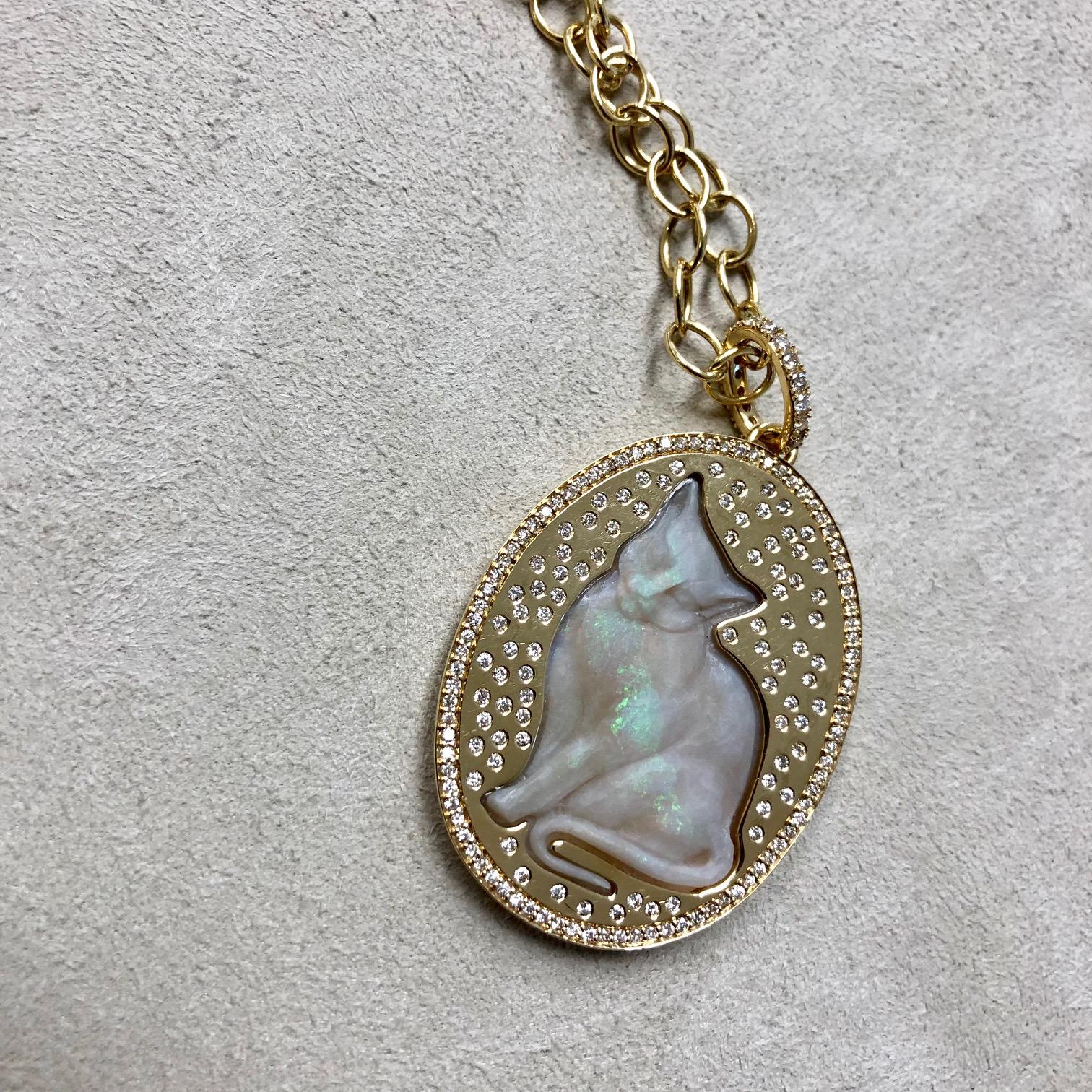 Syna Opal Cat Yellow Gold Pendant with Diamonds 1