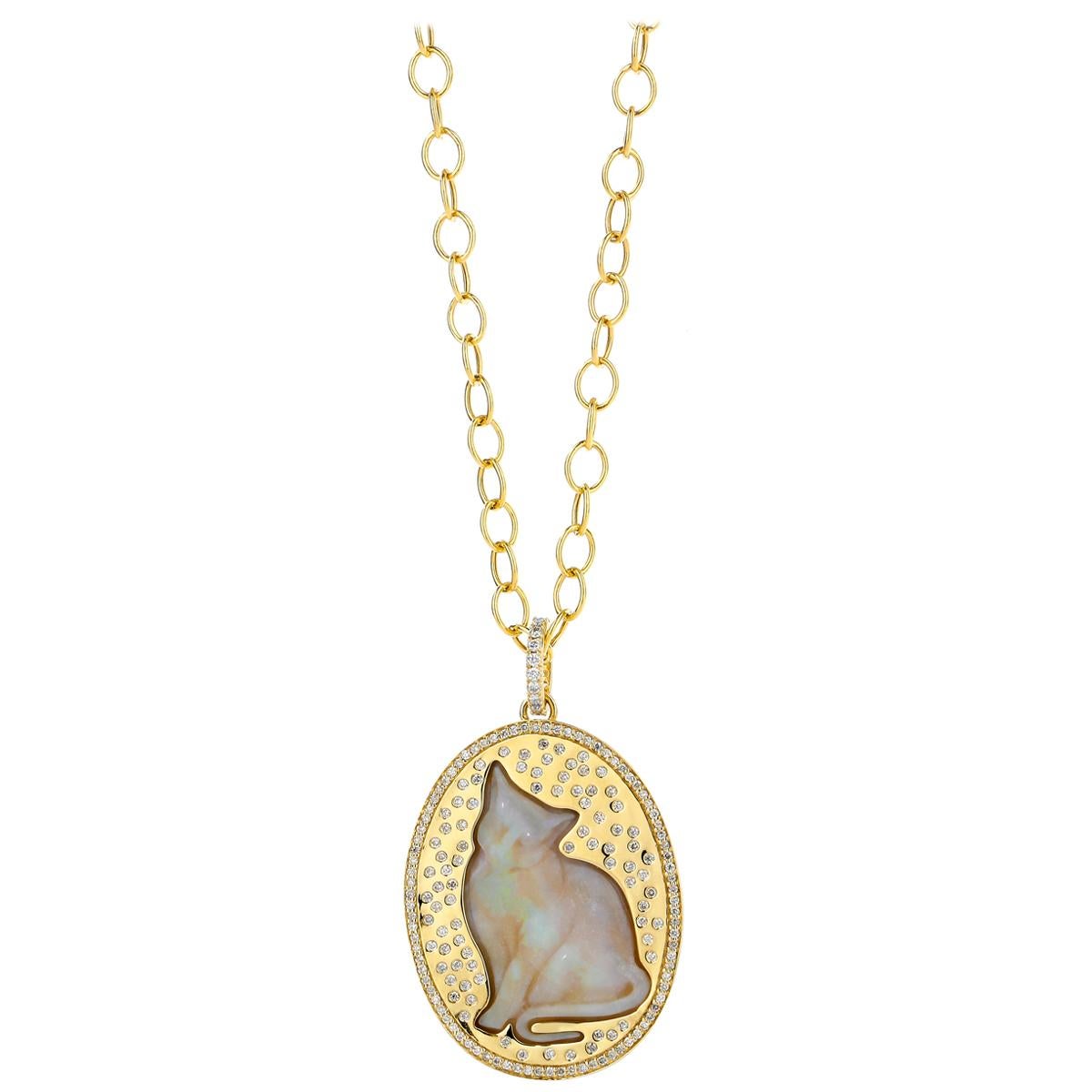 Syna Opal Cat Yellow Gold Pendant with Diamonds