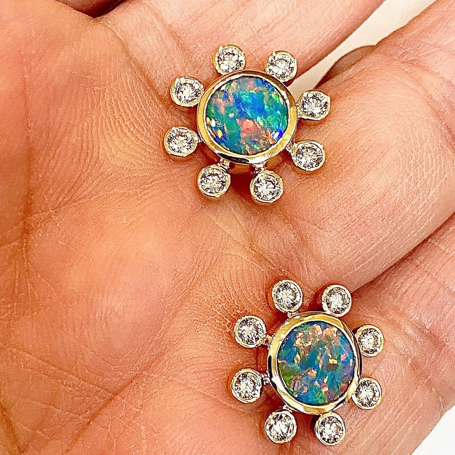 Mixed Cut Syna Opal Flower Earrings with Champagne Diamonds For Sale