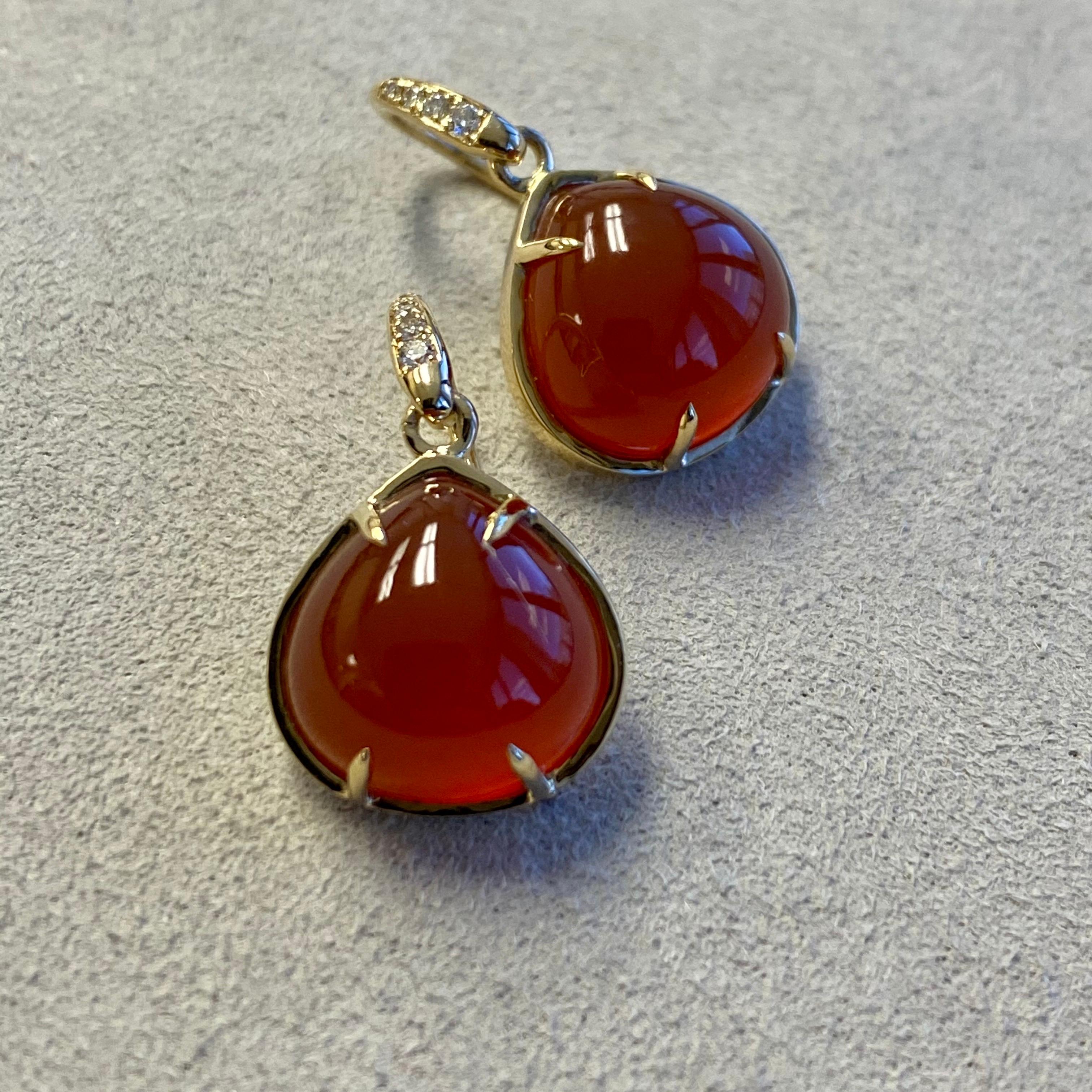 Cabochon Syna Orange Chalcedony Yellow Gold Earrings with Diamonds For Sale