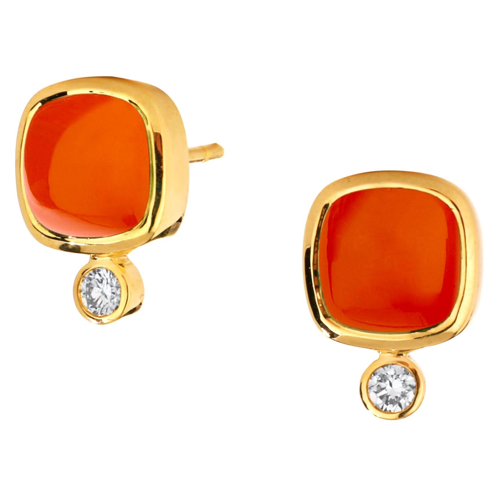 Syna Orange Chalcedony Yellow Gold Sugarloaf Earrings with Diamonds