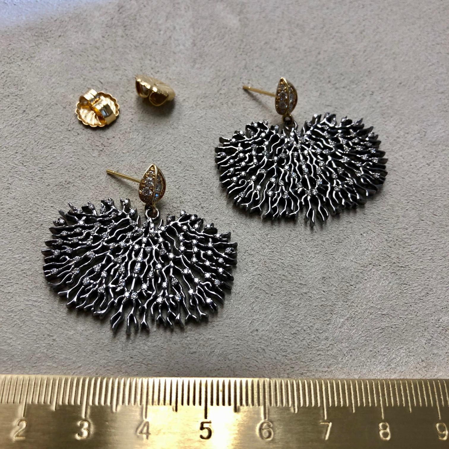 Contemporary Syna Oxidized Silver and Yellow Gold Coral Reef Earrings with Diamonds For Sale