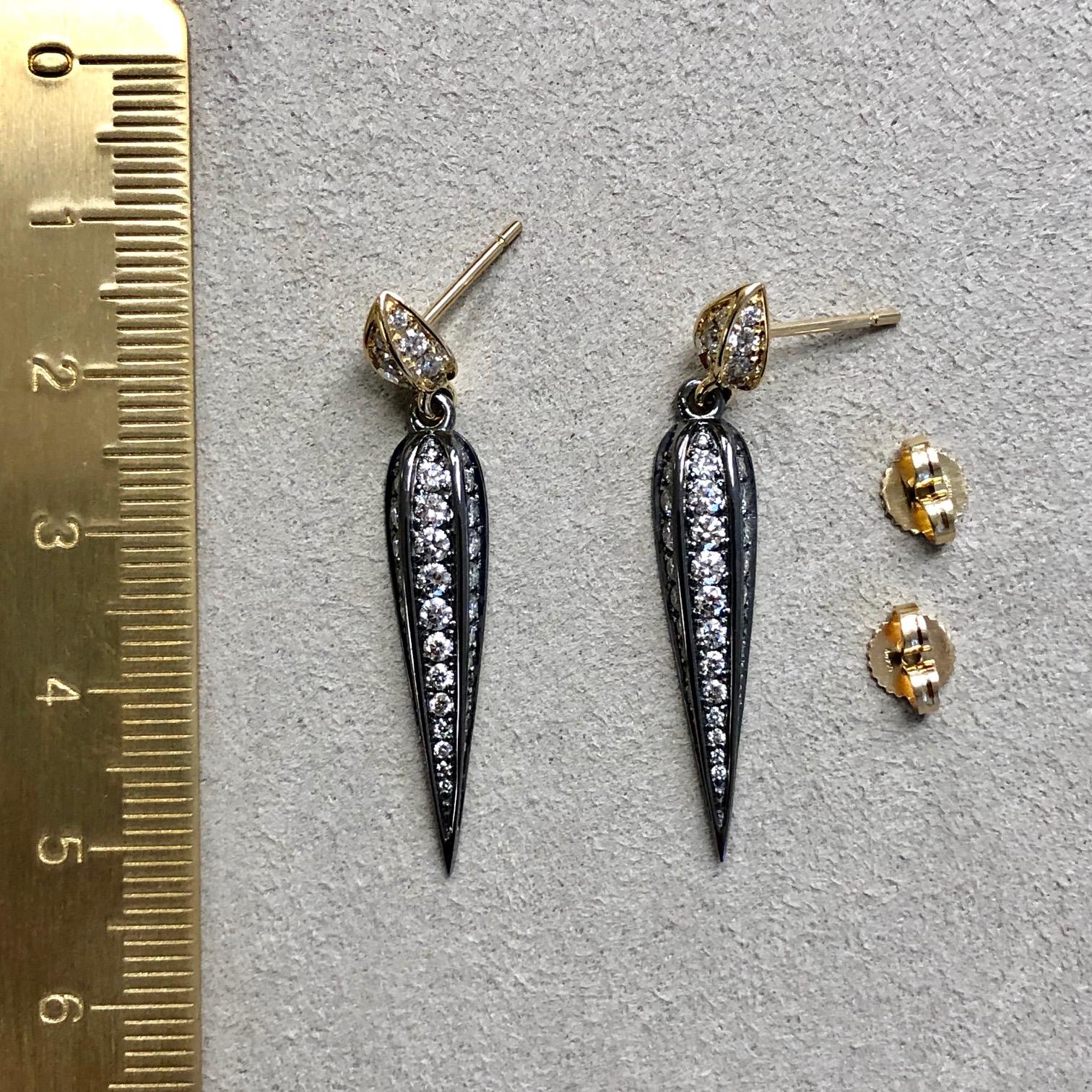 Artisan Syna Oxidized Silver and Yellow Gold Earrings with Diamonds For Sale