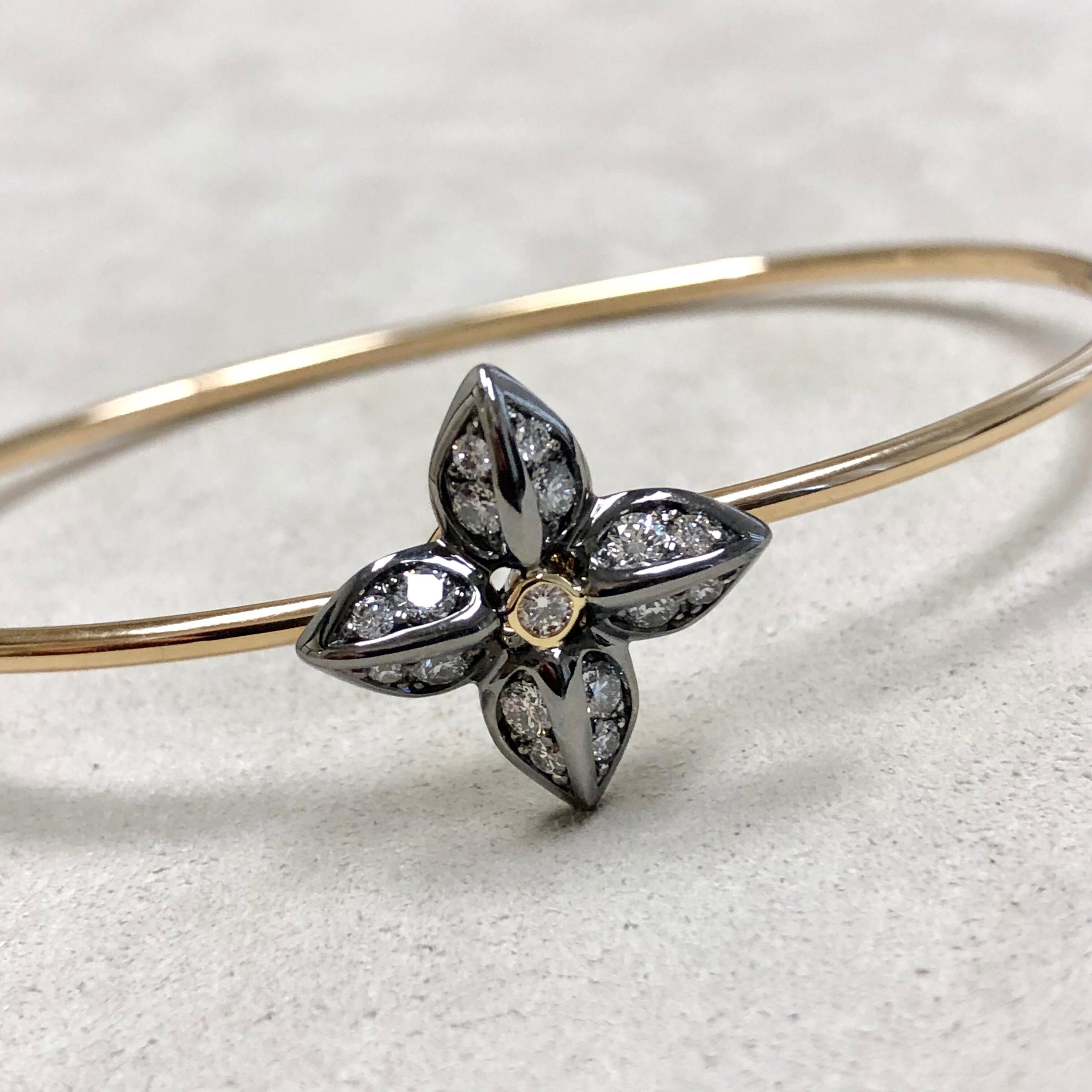 Created in 18 karat yellow gold & oxidized silver
Diamonds 0.55 ct approx
Openable oval bracelet 
Bracelet Inside wrap dimensions 66 mm by 59 mm 
Bracelet can be sized
Solid bangle wire
Limited edition 

Intricately crafted in 18 karat yellow gold