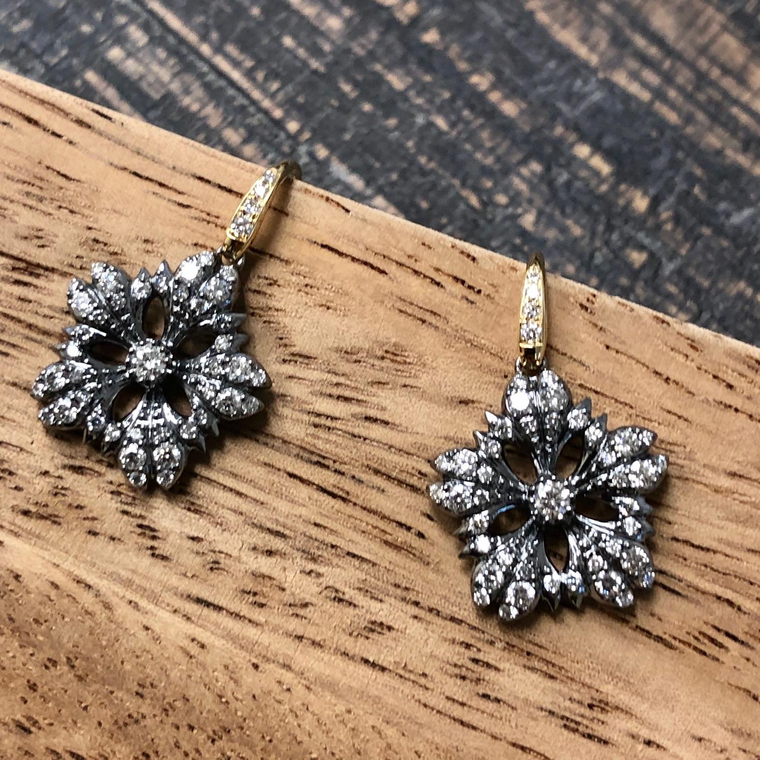 Contemporary Syna Oxidized Silver and Yellow Gold Flower Earrings with Diamonds For Sale