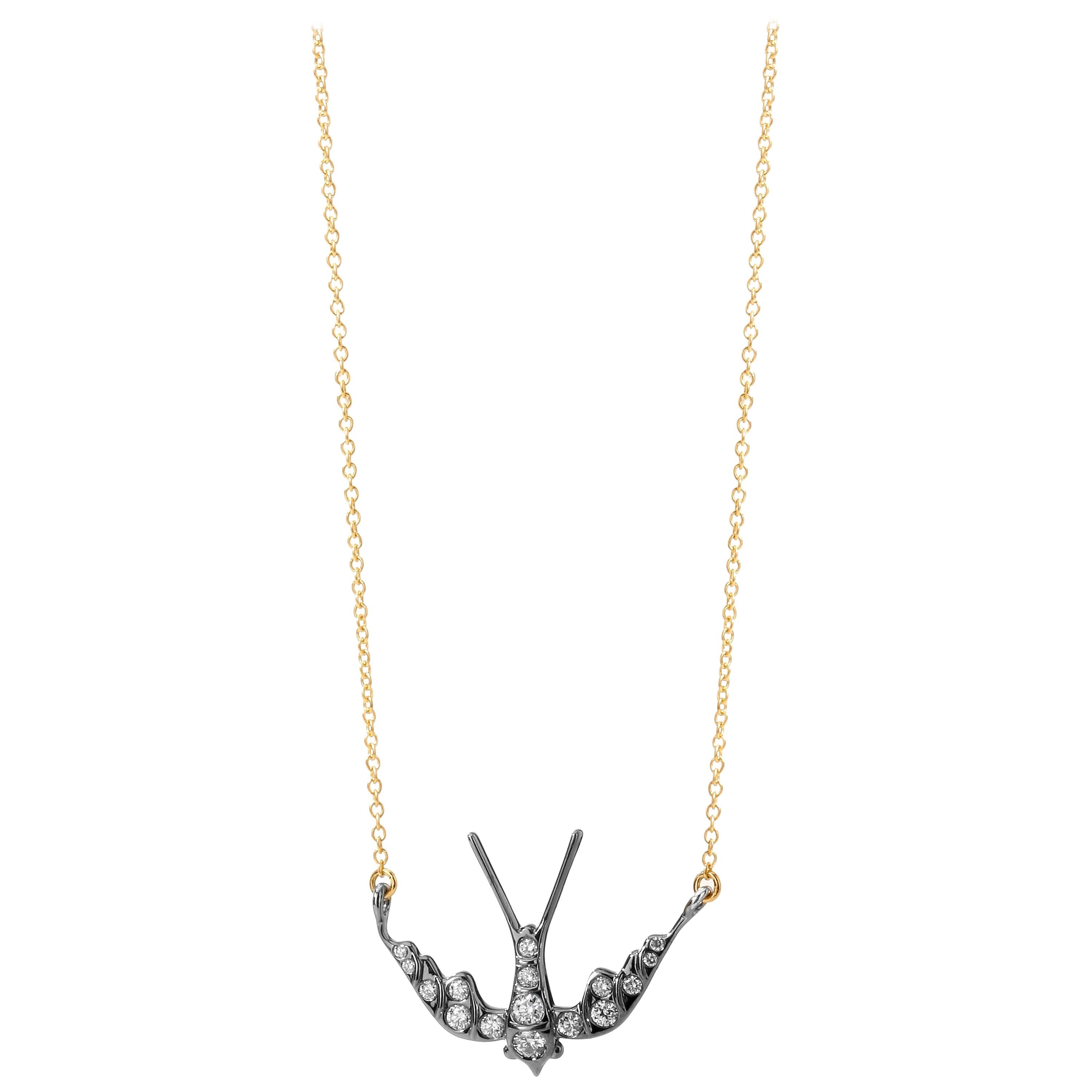 Syna Oxidized Silver and Yellow Gold Swallow Necklace with Diamonds For Sale