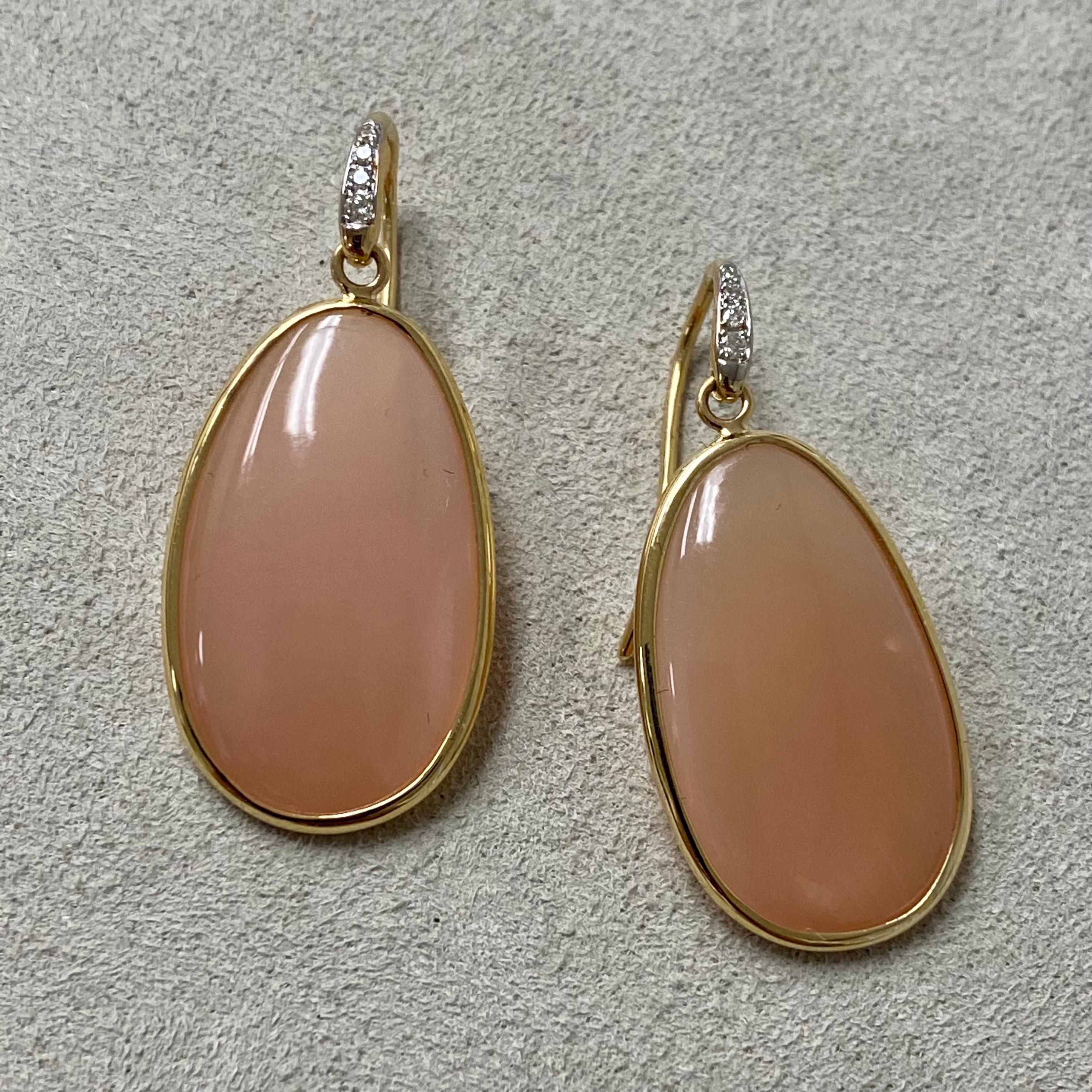 Contemporary Syna Peach Moonstone Yellow Gold Earrings with Champagne Diamonds