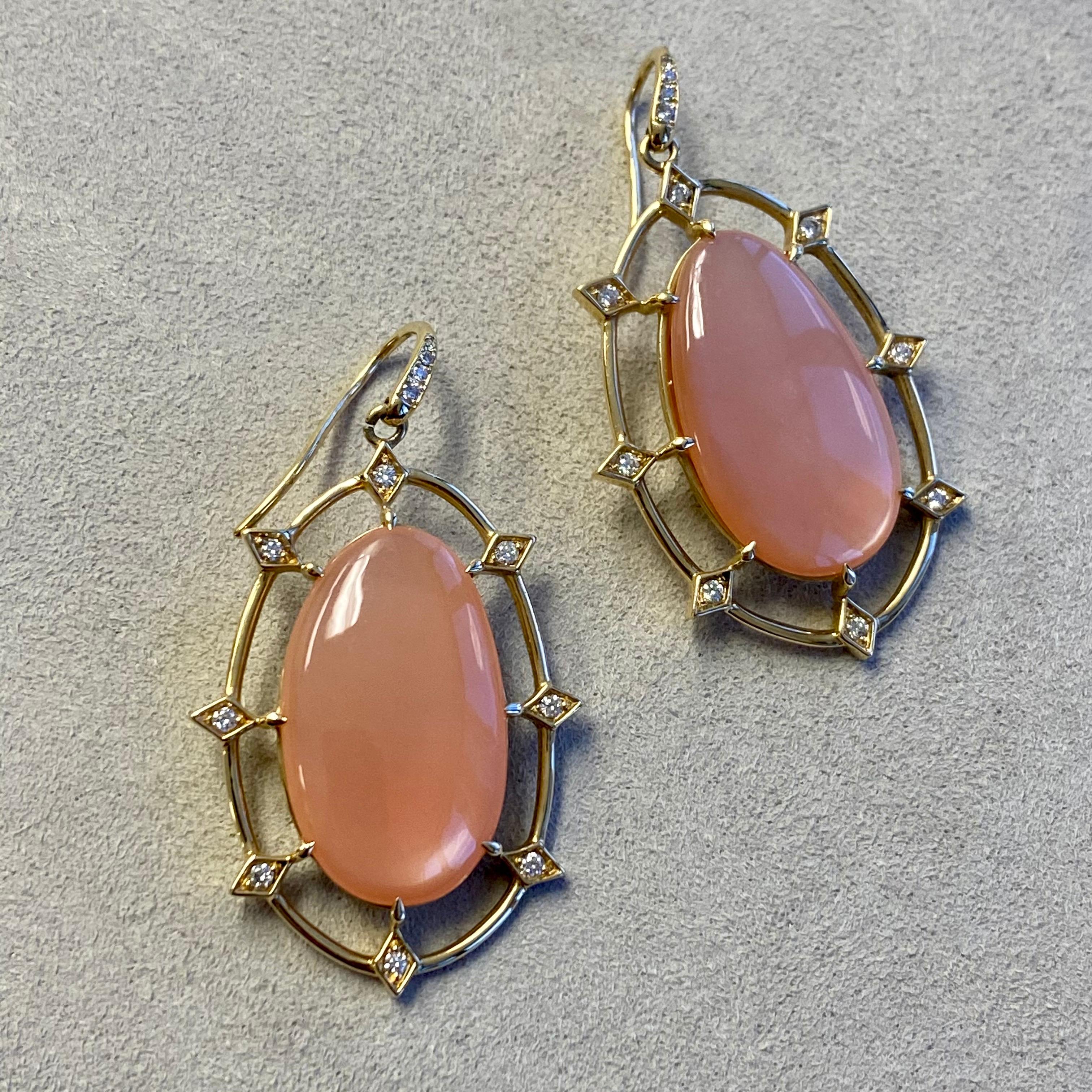 Contemporary Syna Peach Moonstone Yellow Gold Earrings with Diamonds