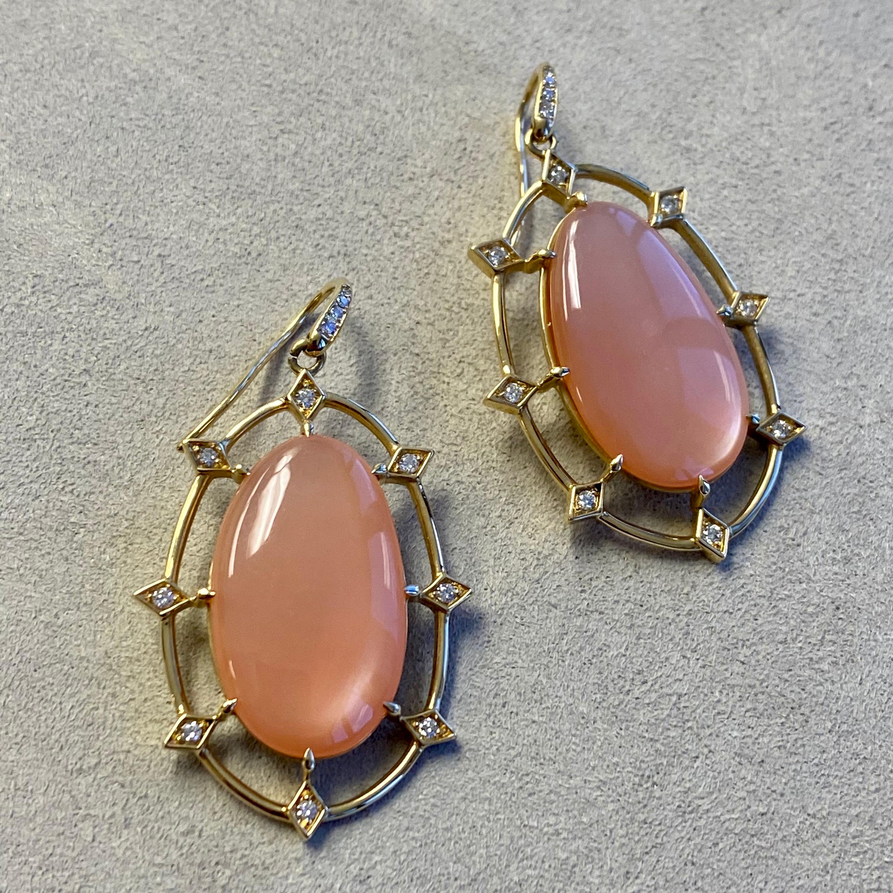 Oval Cut Syna Peach Moonstone Yellow Gold Earrings with Diamonds