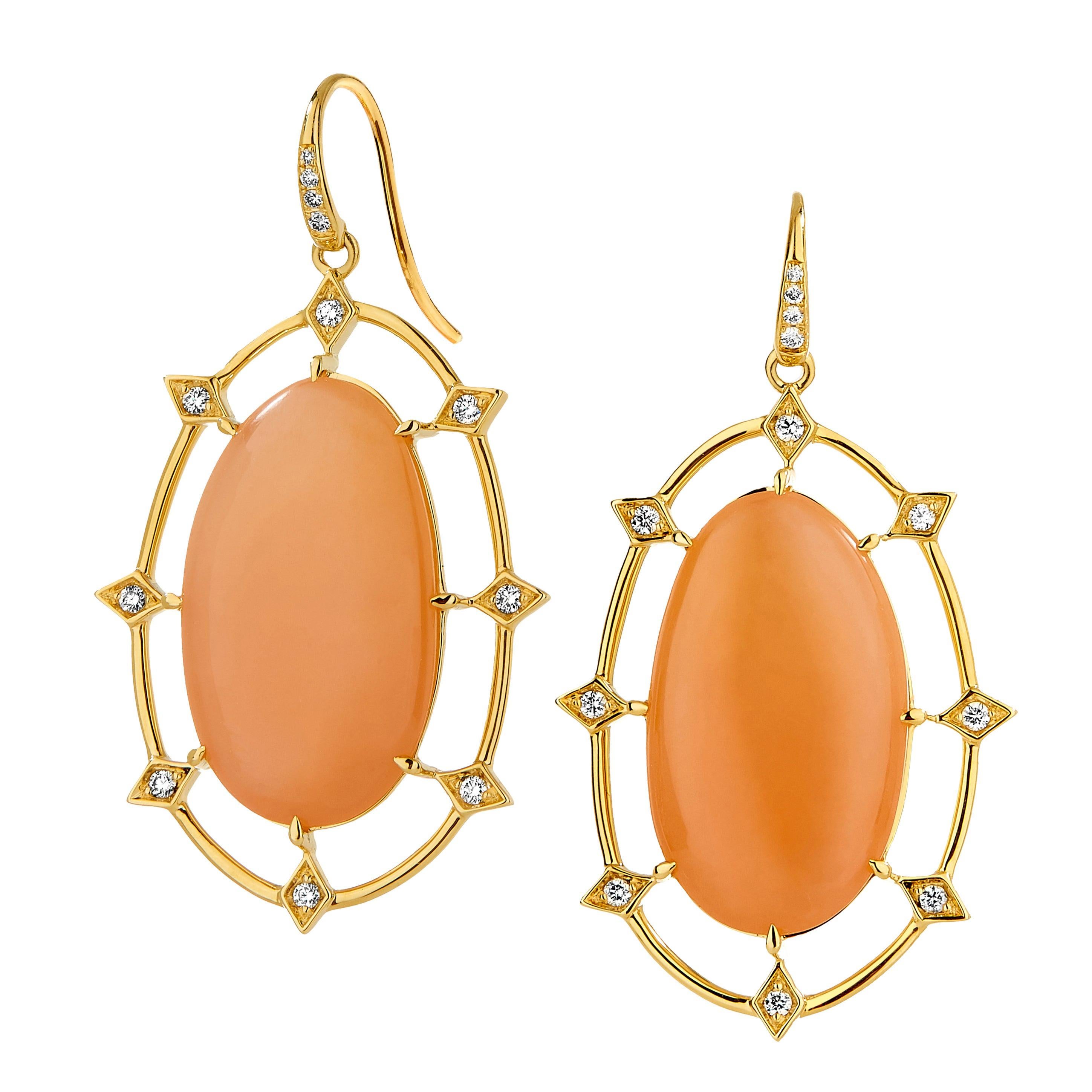 Syna Peach Moonstone Yellow Gold Earrings with Diamonds