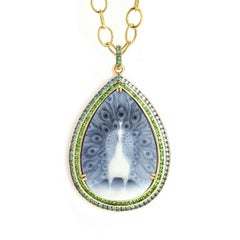 Syna Peacock Cameo Yellow Gold Necklace with Blue Diamonds and Tsavorite