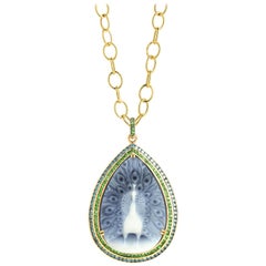 Syna Peacock Cameo Yellow Gold Necklace with Blue Diamonds and Tsavorite
