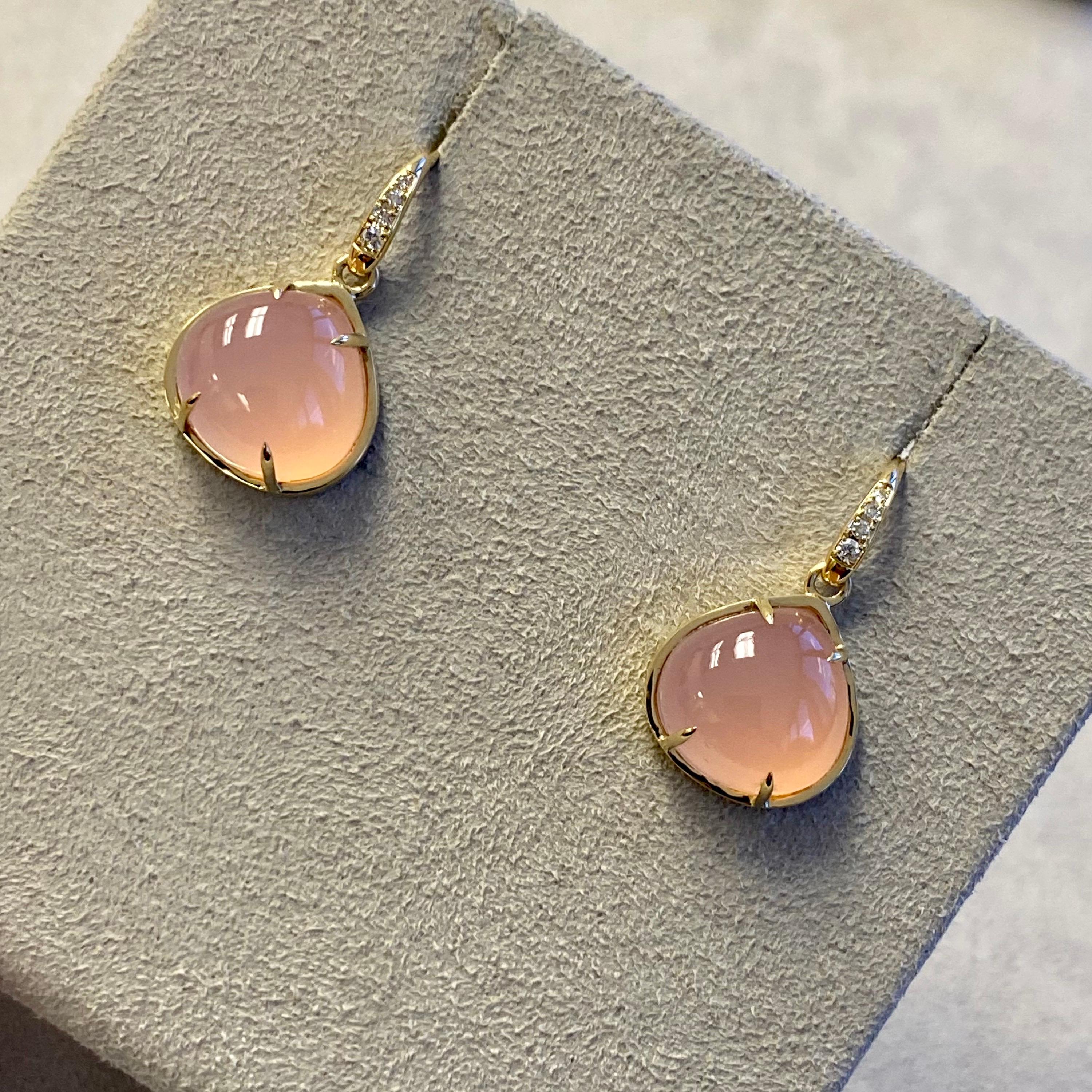 Contemporary Syna Pink Chalcedony Yellow Gold Earrings with Diamonds For Sale