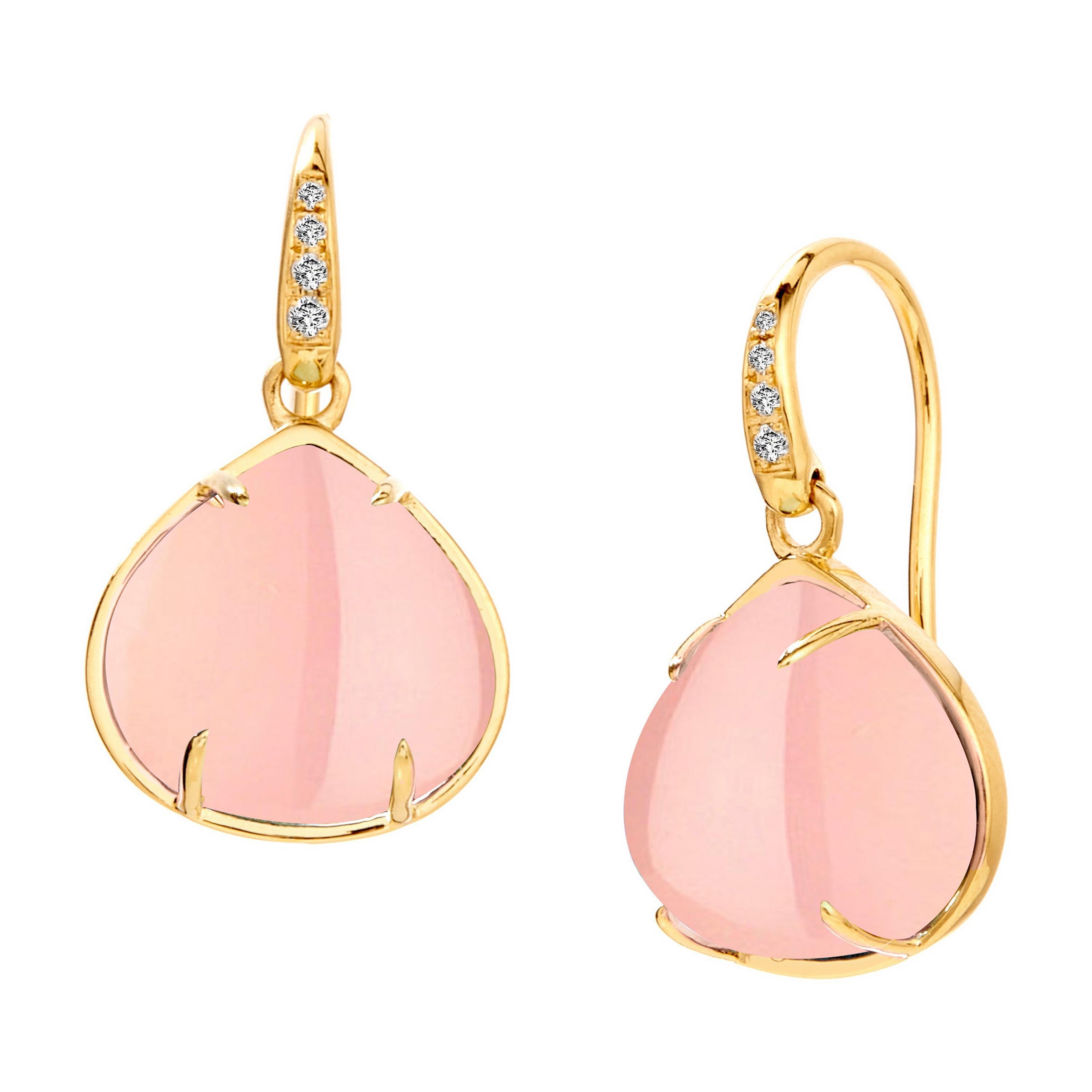 Syna Pink Chalcedony Yellow Gold Earrings with Diamonds For Sale