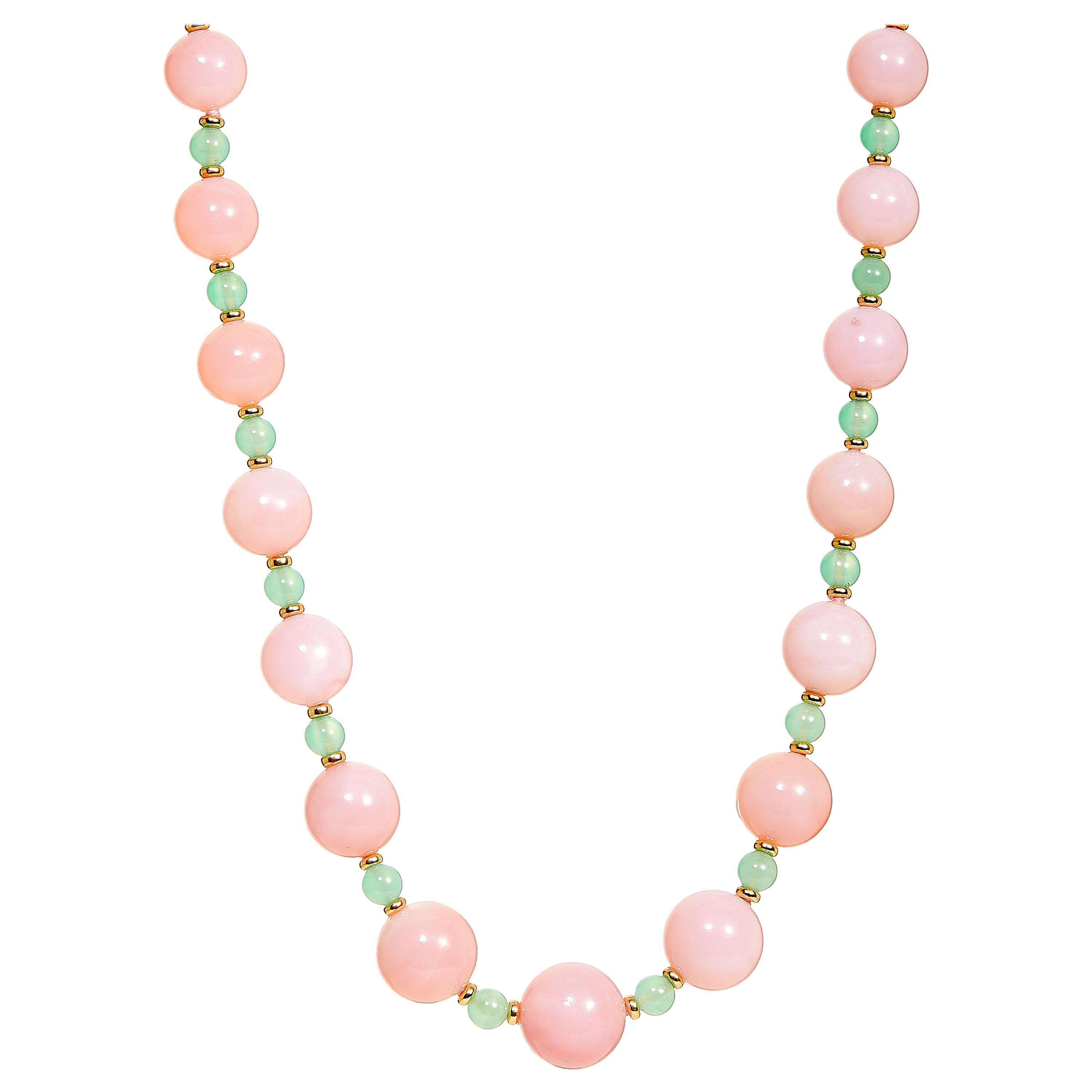 Perlenkette aus Gelbgold mit rosa Opal und Chrysopras