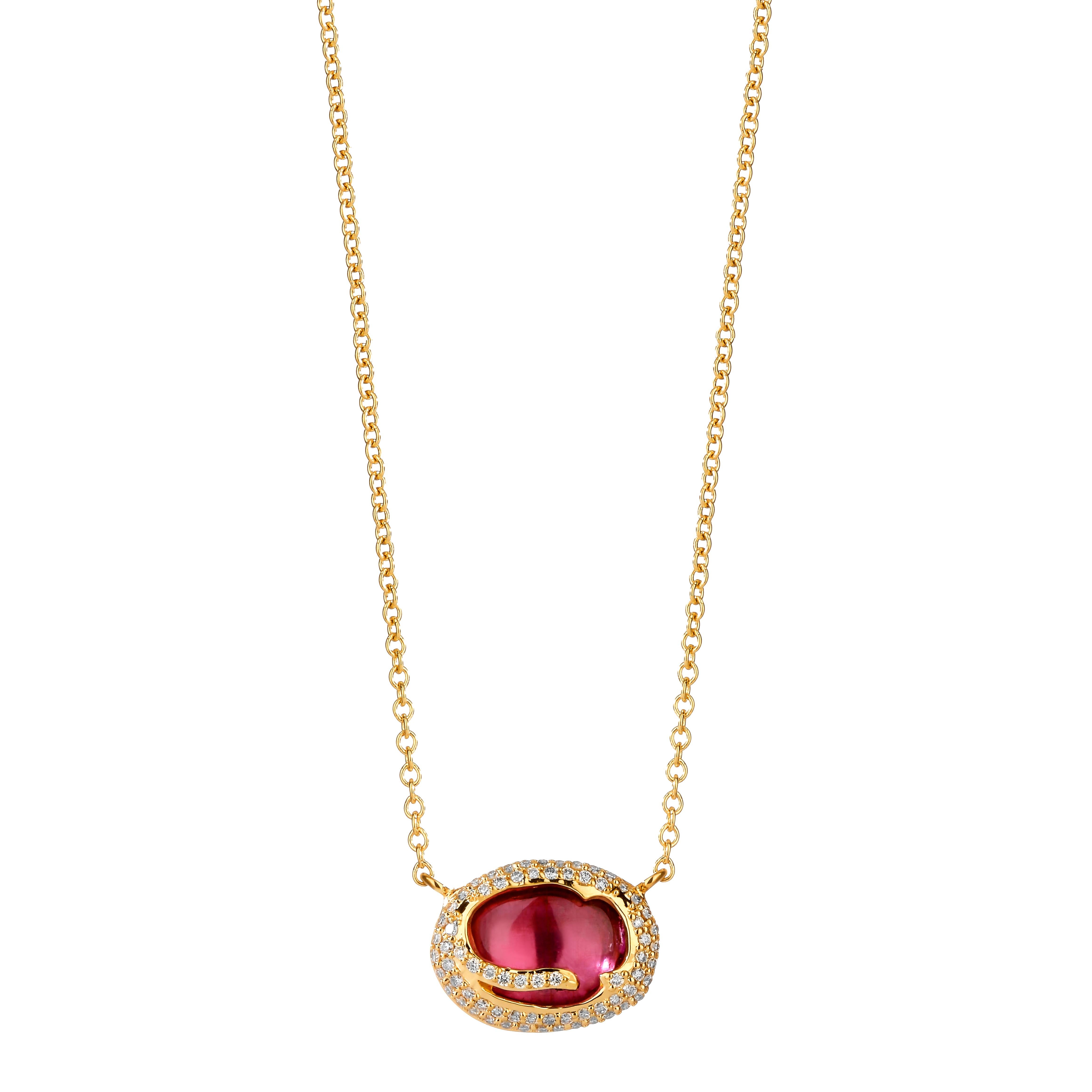 Created in 18 karat yellow gold
Pink Tourmaline 7 cts approx
Diamonds 0.40 ct approx
18k yg 18 inch cable chain with lobster lock
Chain can be worn at 16th inch & 17th inch
Limited edition

Formed from 18K yellow gold, this limited edition necklace