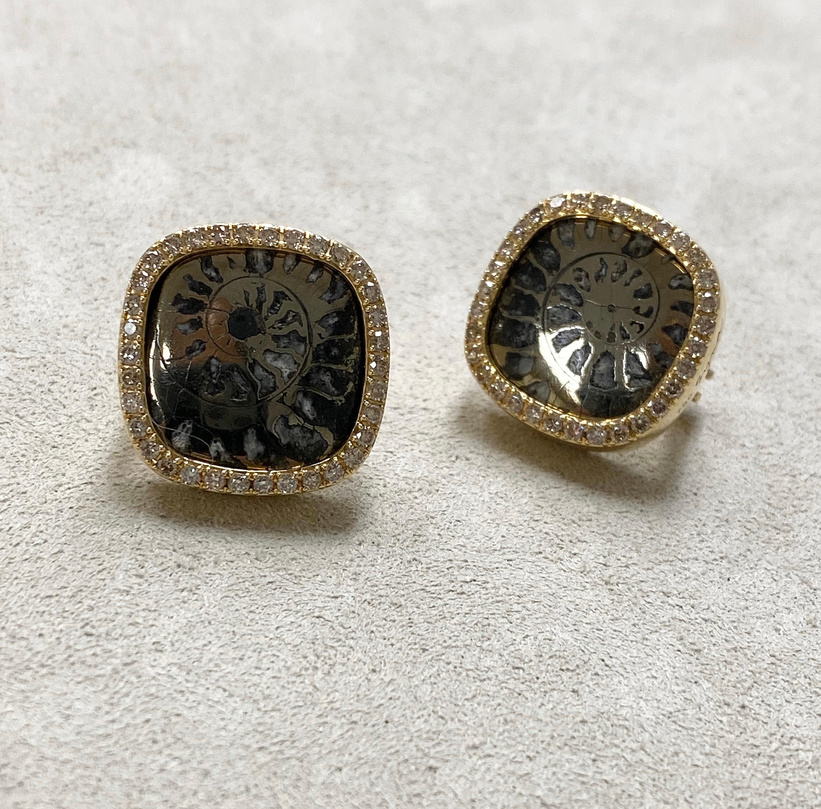 Contemporary Syna Pyratized Ammonite Yellow Gold Earrings with Champagne Diamond