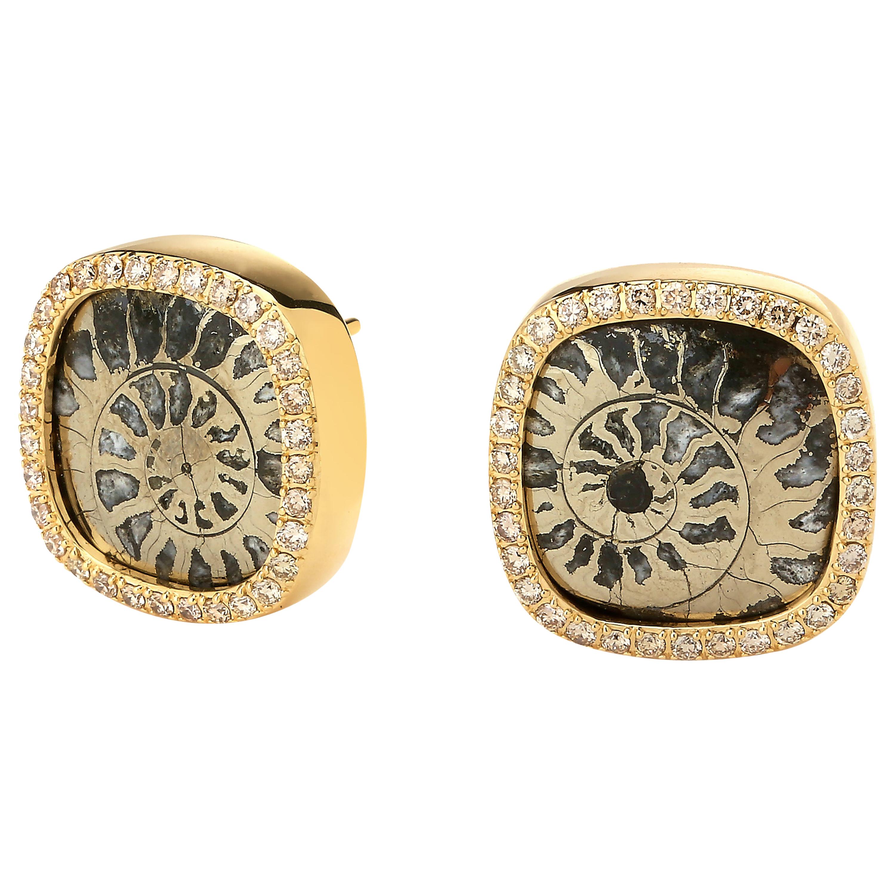 Syna Pyratized Ammonite Yellow Gold Earrings with Champagne Diamond