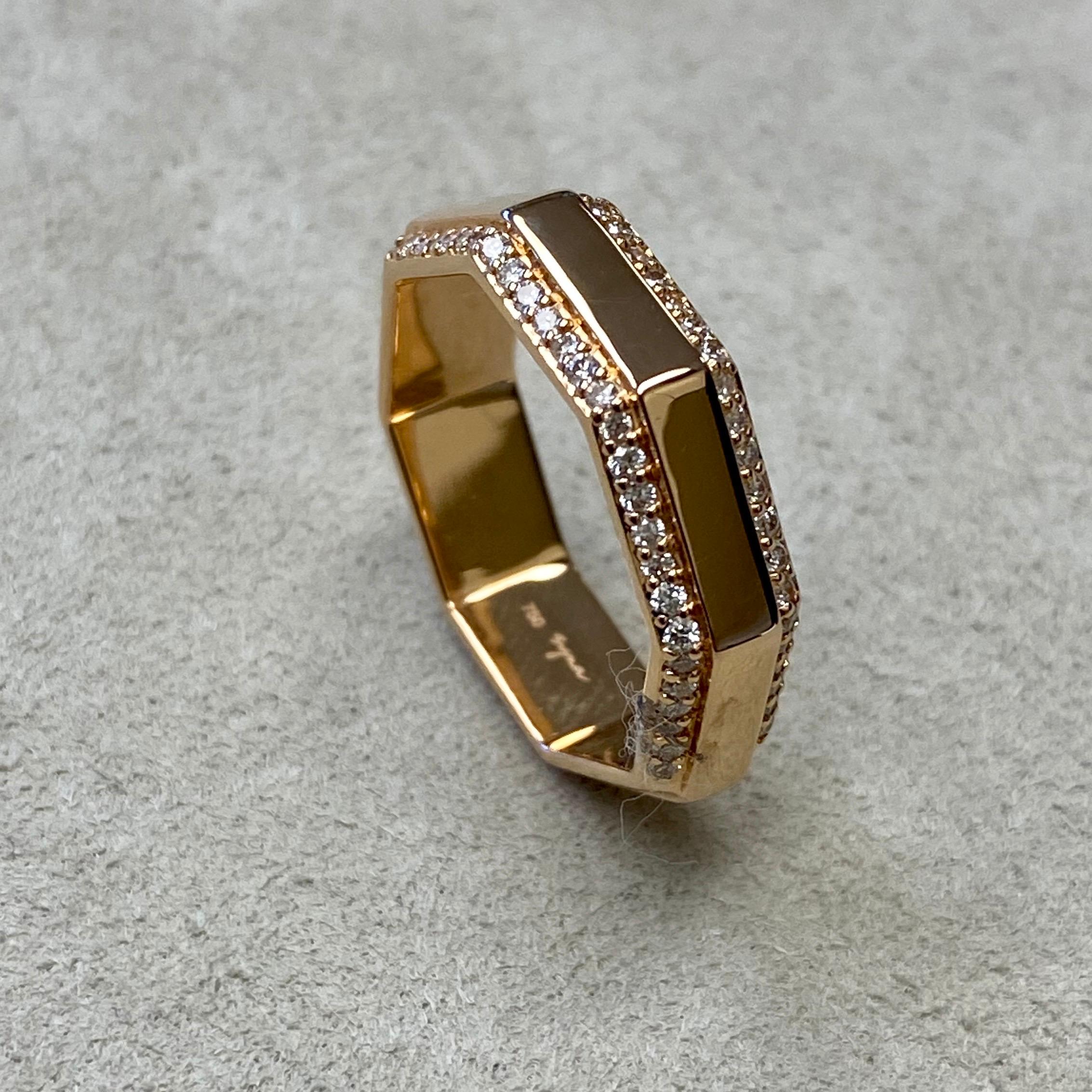 Created in 18 karat rose gold
Diamonds 0.45 ct approx
Ring size US 6.5, Can be made in other ring sizes on special order

This luxurious ring, crafted from 18-karat rose gold, showcases an array of dazzling diamonds totaling an approximate 0.45