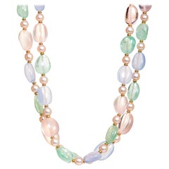 Syna Rose Quartz, Emerald, Blue Chalcedony and Pearl Yellow Gold Bead Necklace