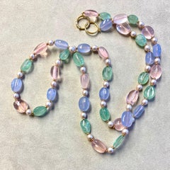 Syna Rose Quartz, Emerald, Blue Chalcedony and Pearl Yellow Gold Bead Necklace
