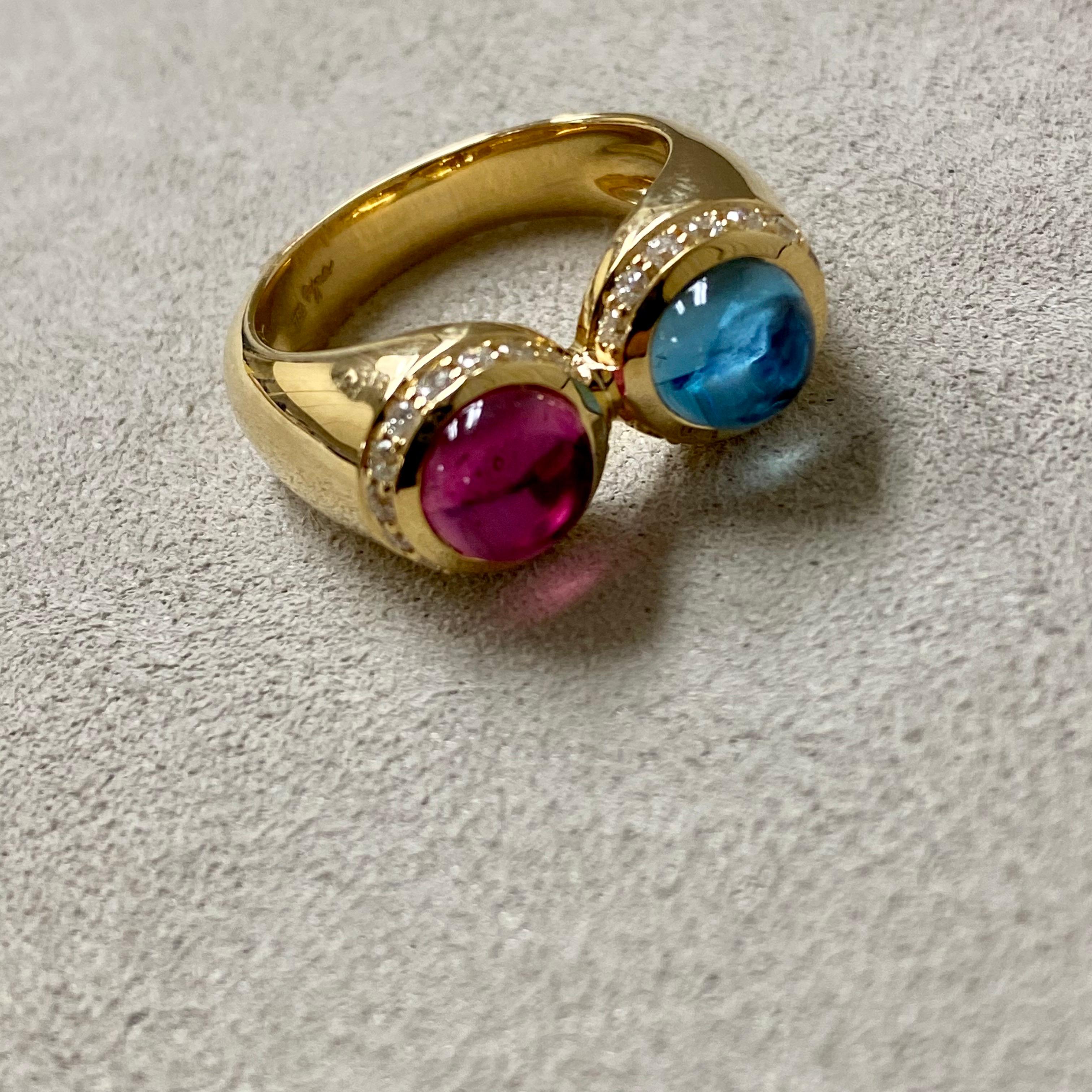 Contemporary Syna Rubellite and Blue Topaz Yellow Gold Ring with Diamonds For Sale