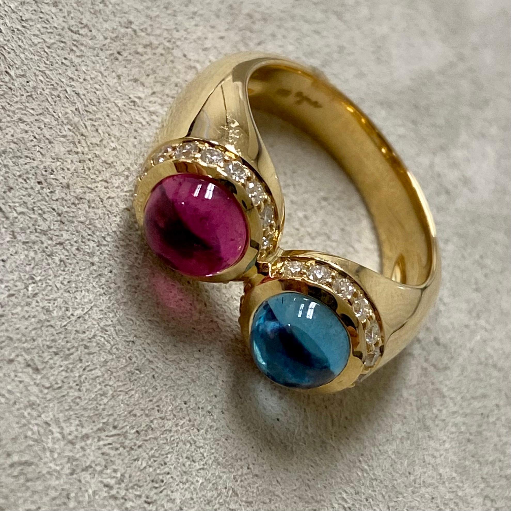 Syna Rubellite and Blue Topaz Yellow Gold Ring with Diamonds In New Condition For Sale In Fort Lee, NJ