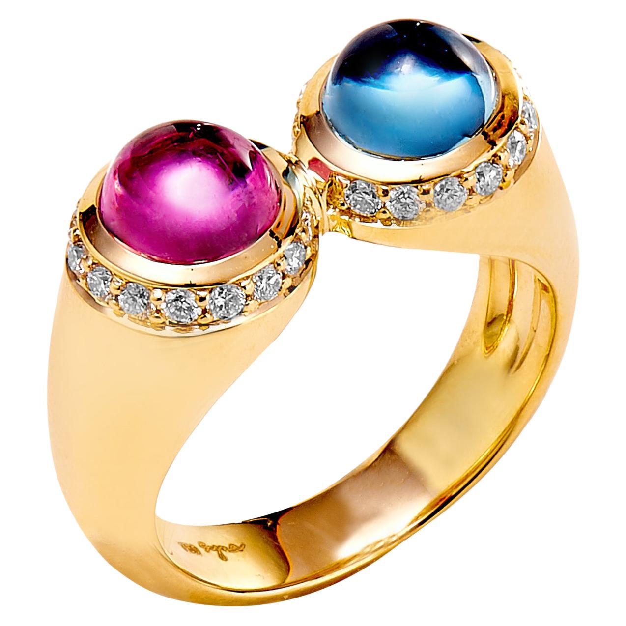 Syna Rubellite and Blue Topaz Yellow Gold Ring with Diamonds For Sale