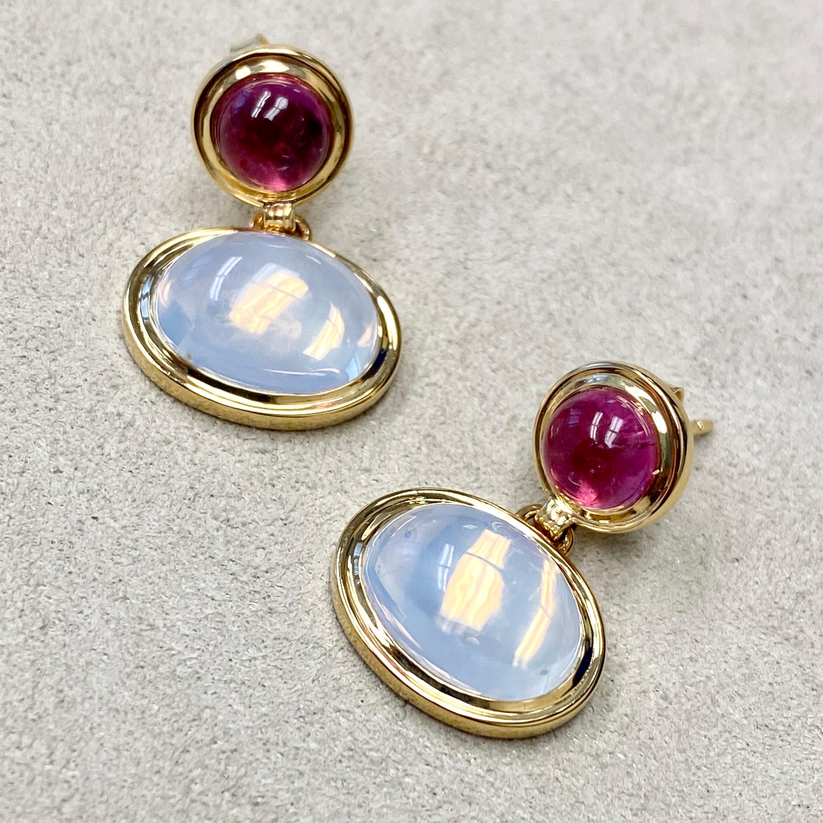Cabochon Syna Rubellite and Moon Quartz Earrings For Sale