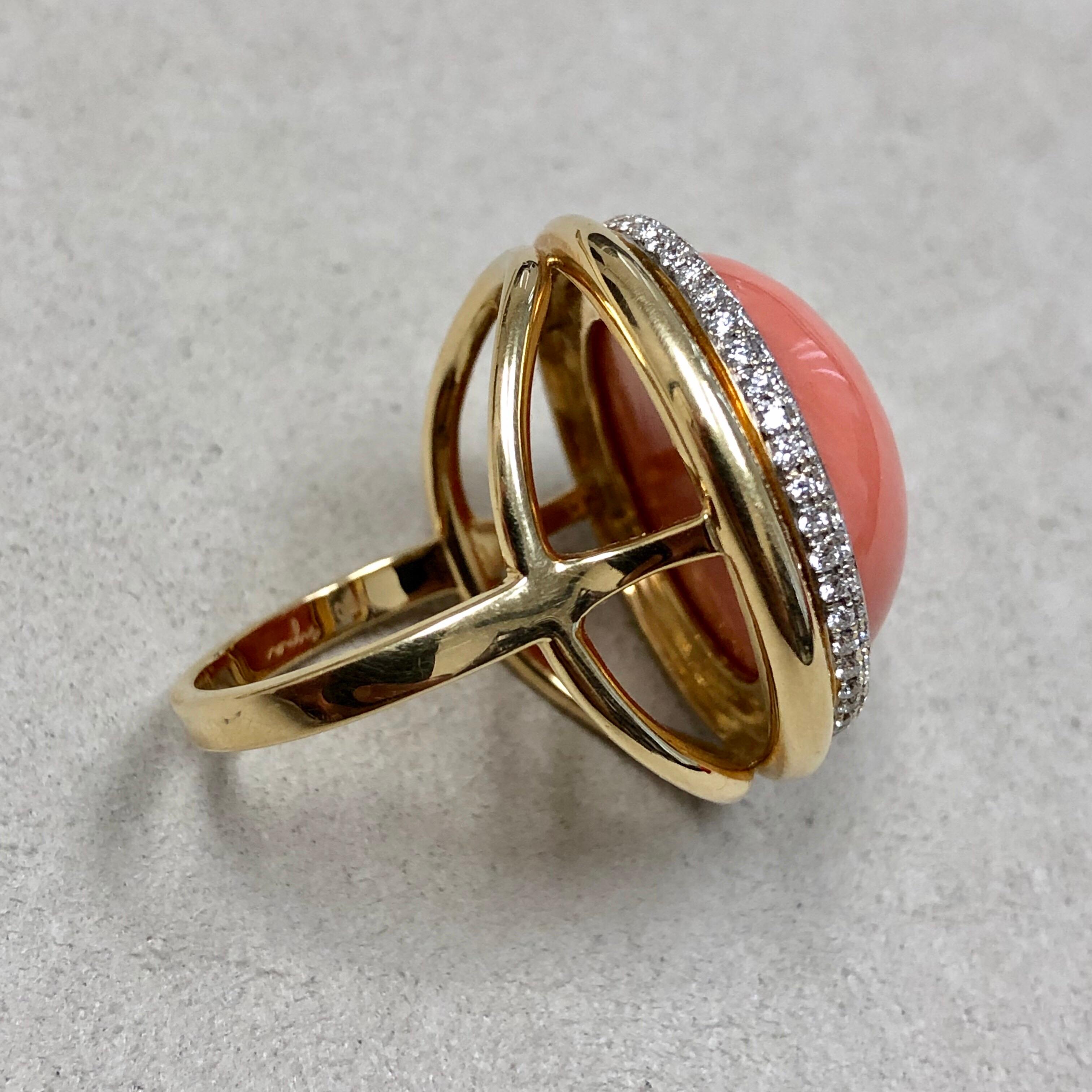 Contemporary Syna Salmon Coral Yellow Gold Ring with Diamonds For Sale