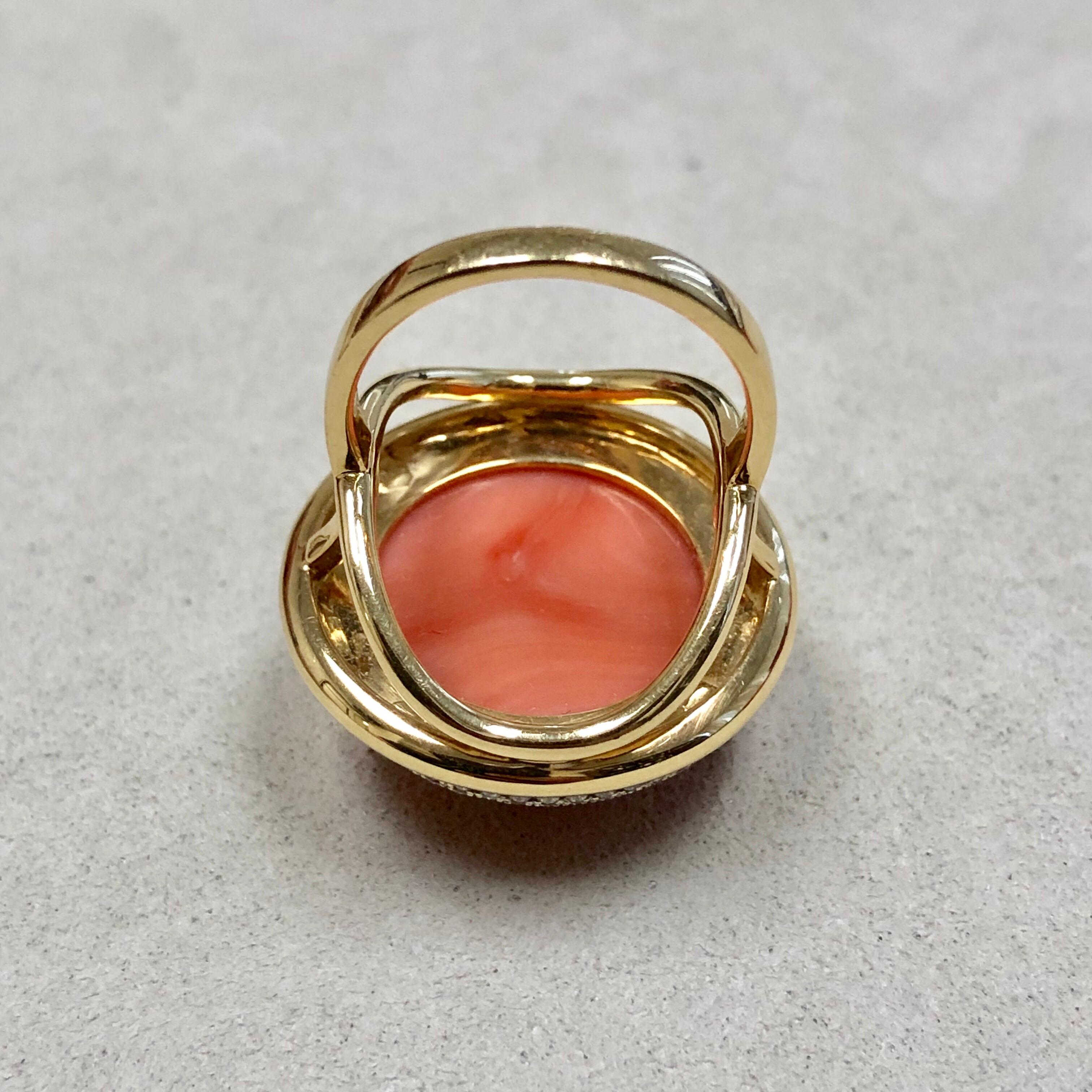 Women's Syna Salmon Coral Yellow Gold Ring with Diamonds For Sale