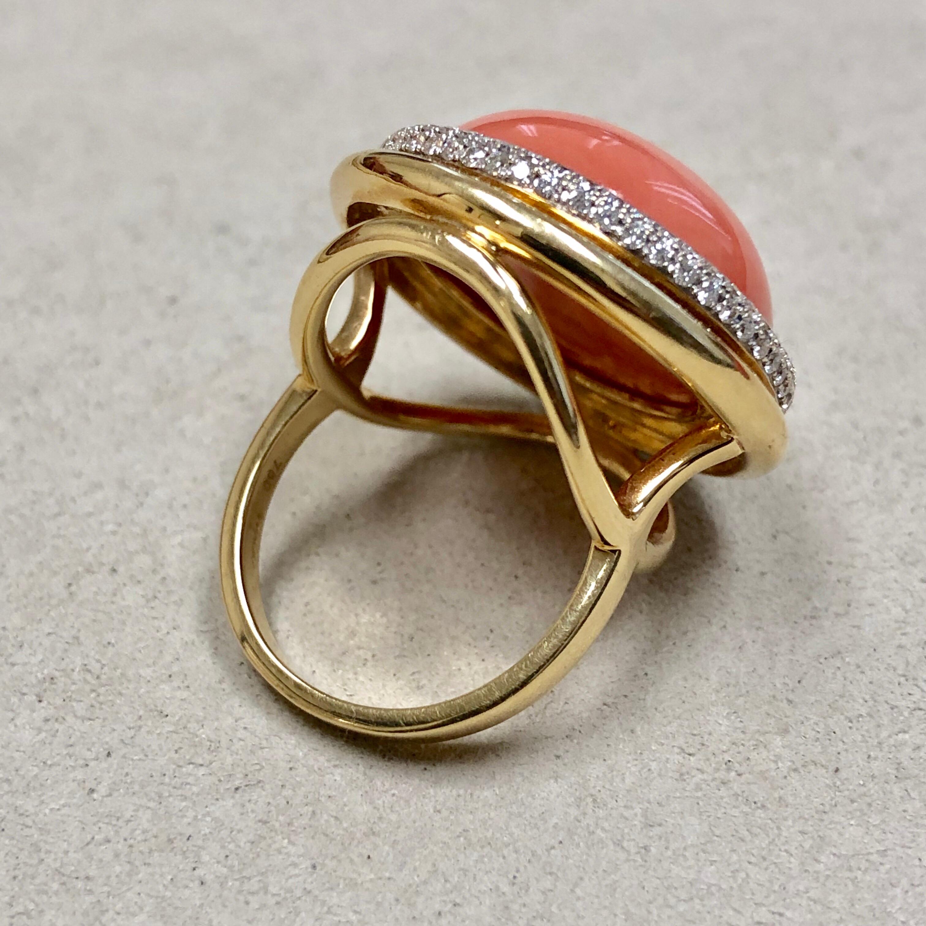 Syna Salmon Coral Yellow Gold Ring with Diamonds For Sale 3