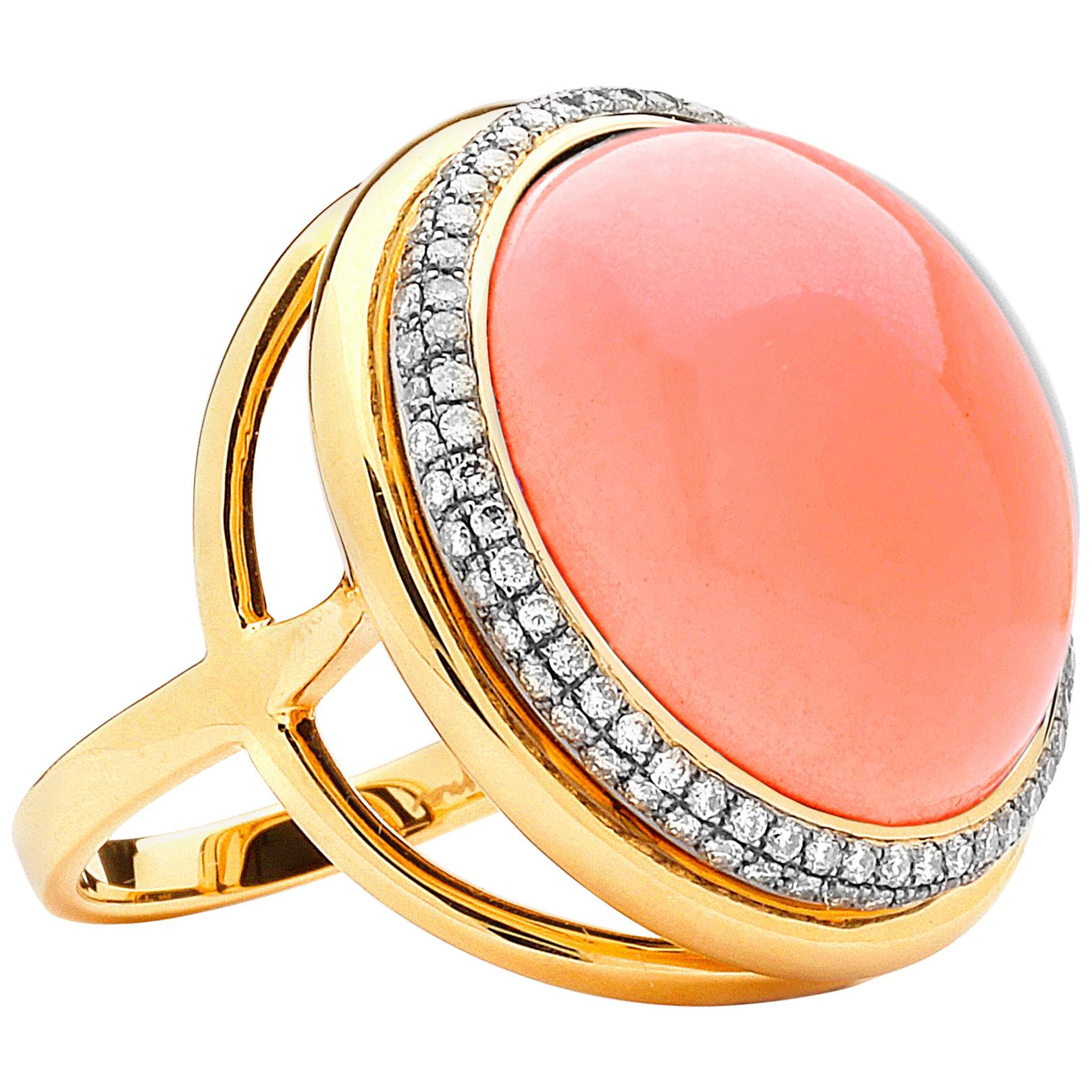 Syna Salmon Coral Yellow Gold Ring with Diamonds For Sale