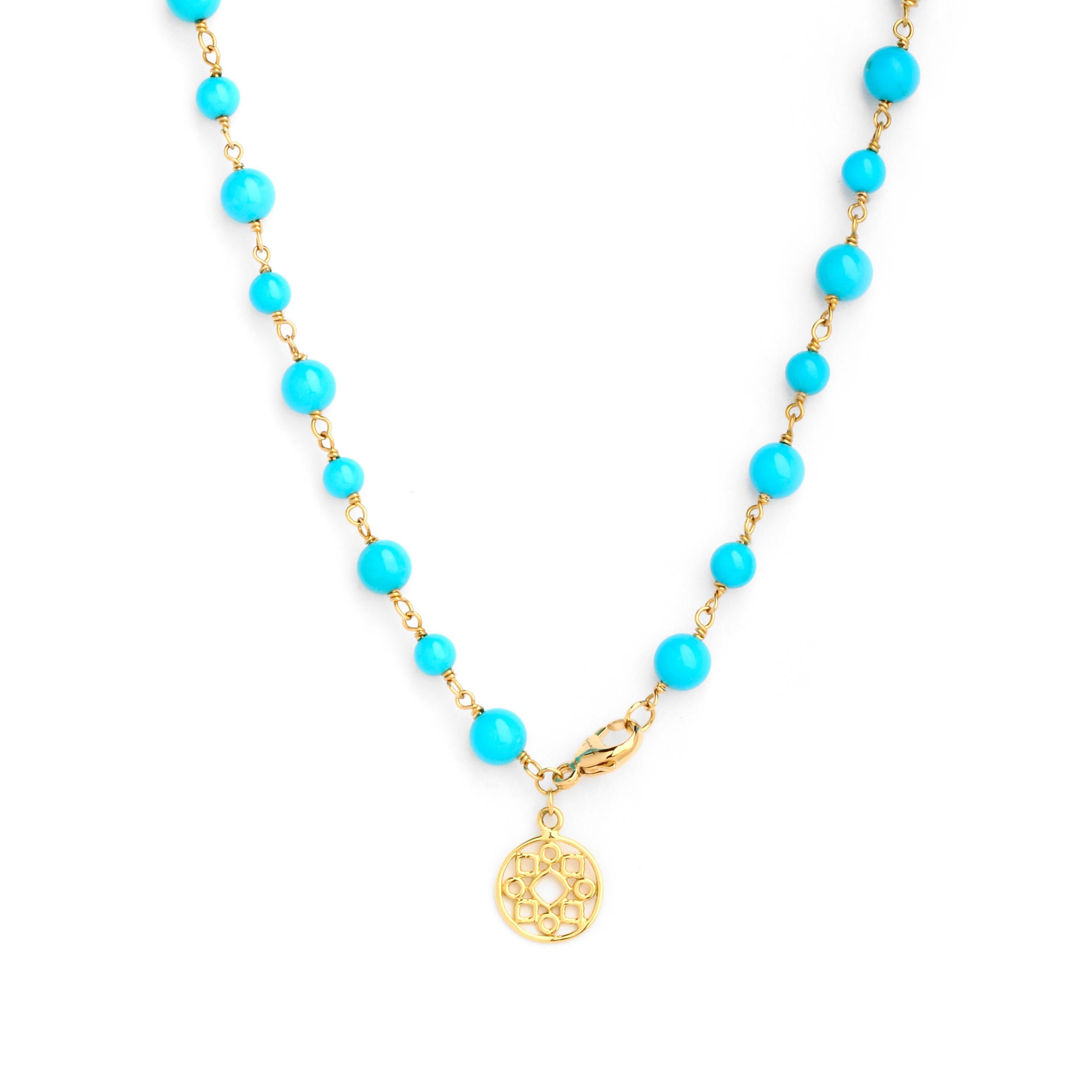 Created in 18 karat yellow gold
36 inches long
Sleeping beauty turquoise
Handwired
18kyg lobster lock with 10mm mogul medallian
Limited edition

Exquisitely crafted in 18 karat yellow gold, this 36-inch necklace features a sleeping beauty turquoise