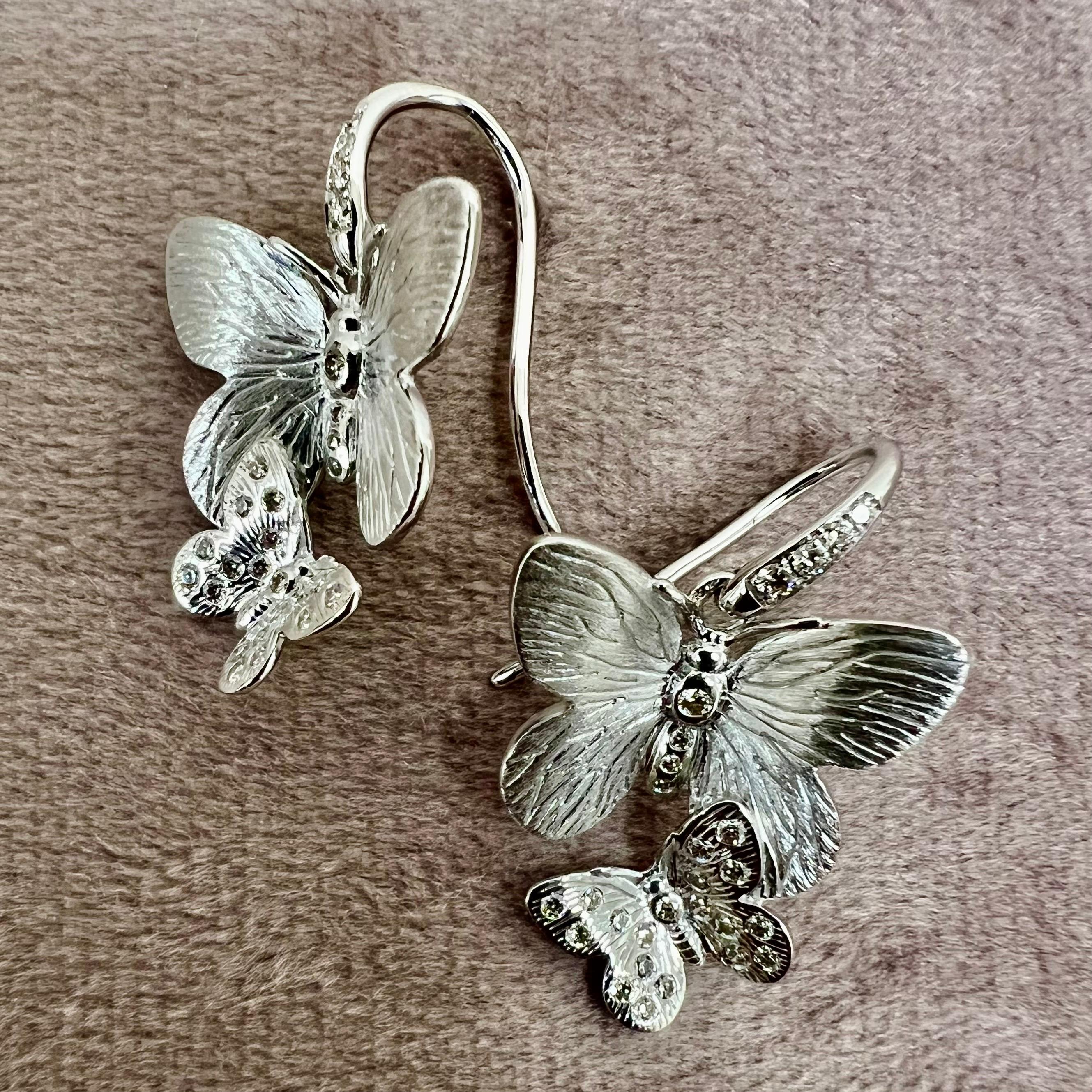 Round Cut Syna Sterling Silver Butterfly Earrings with Diamonds For Sale